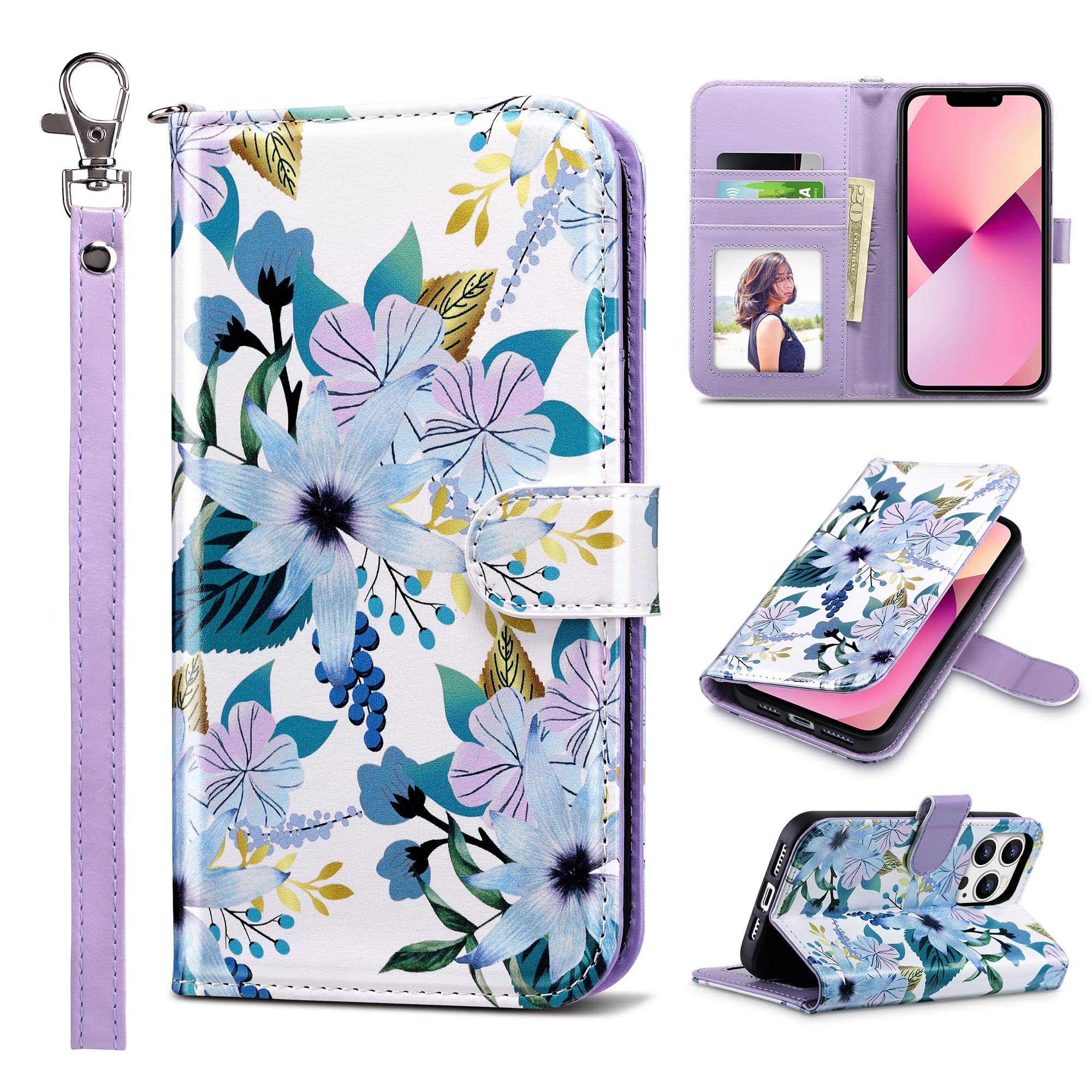 ULAK iPhone 13 Pro Max Wallet Case (6.7 inch) - Premium PU Leather Flip Cover with Card Slots & Kickstand | Shockproof Protective Phone Case for Women | Perfect for Everyday Use, Travel & Business (Blossom Design)