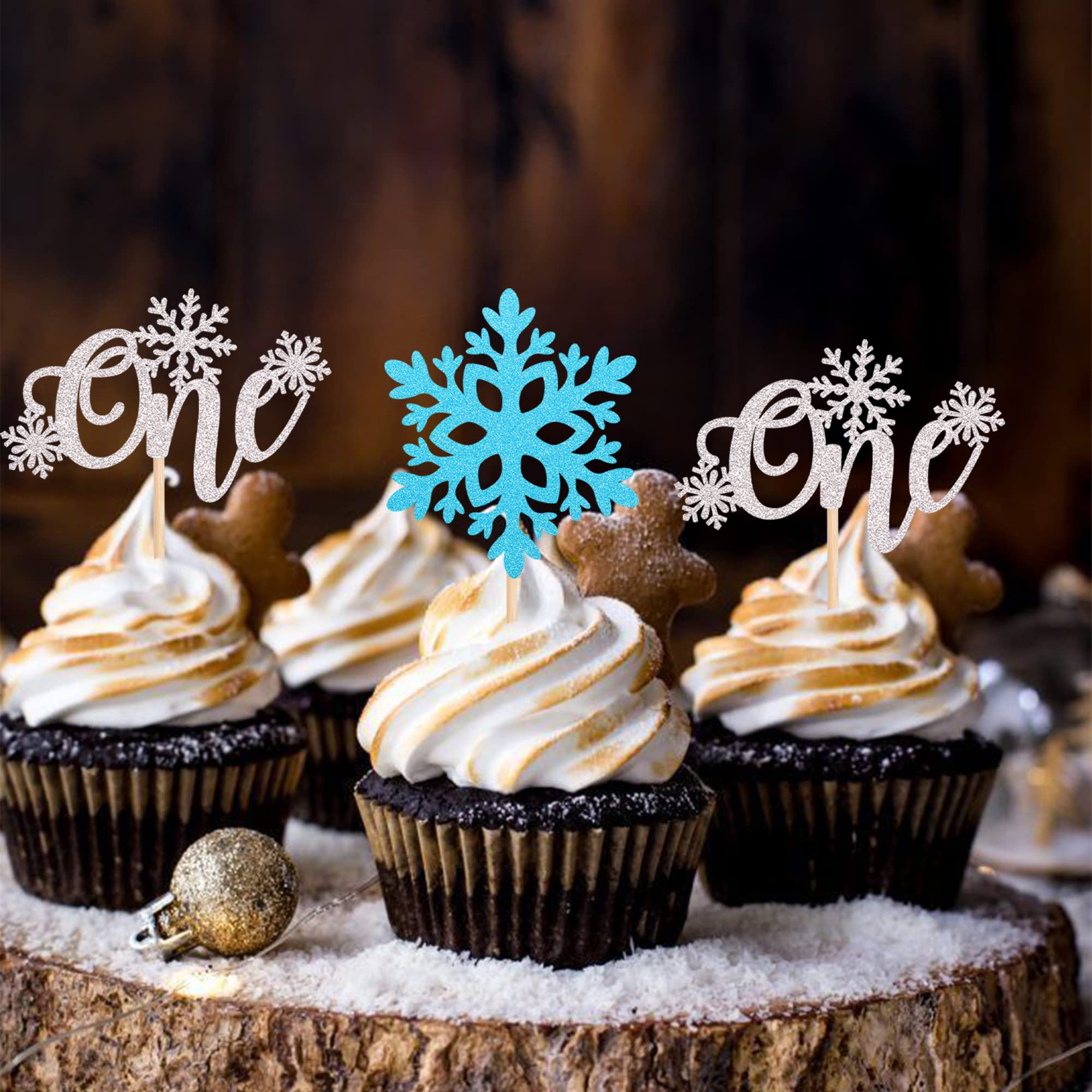 24 Pack Silver & Blue Glitter Snowflake Cupcake Toppers - Winter Snowflake Theme Cake Decorations for 1st Birthday Party, Baby Shower, Christmas & Holiday Celebrations (Perfect for Winter Weddings & New Year's Eve Desserts)
