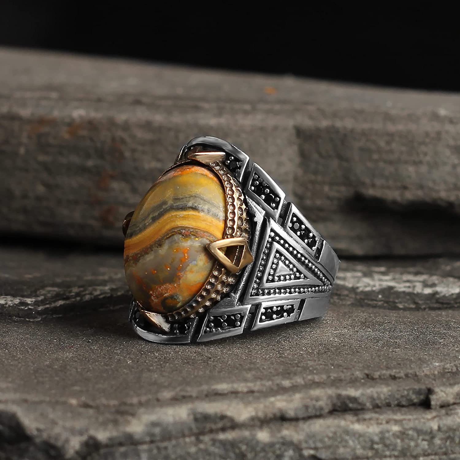 925 Sterling Silver BumbleBee Jasper Gemstone Ring for Men - Handmade Ottoman Turkish Style Jasper Jewelry - Unique Boyfriend Gift for Anniversary, Birthday & Special Occasions - Perfect for Date Nights, Weddings & Formal Events