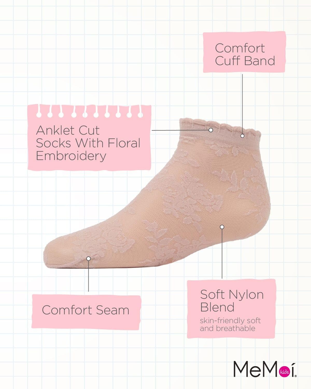 MeMoi Botanic Sheer Floral Embroidered Ankle Socks for Girls - Cute Spring & Summer Fashion Accessories for School, Party, and Everyday Wear