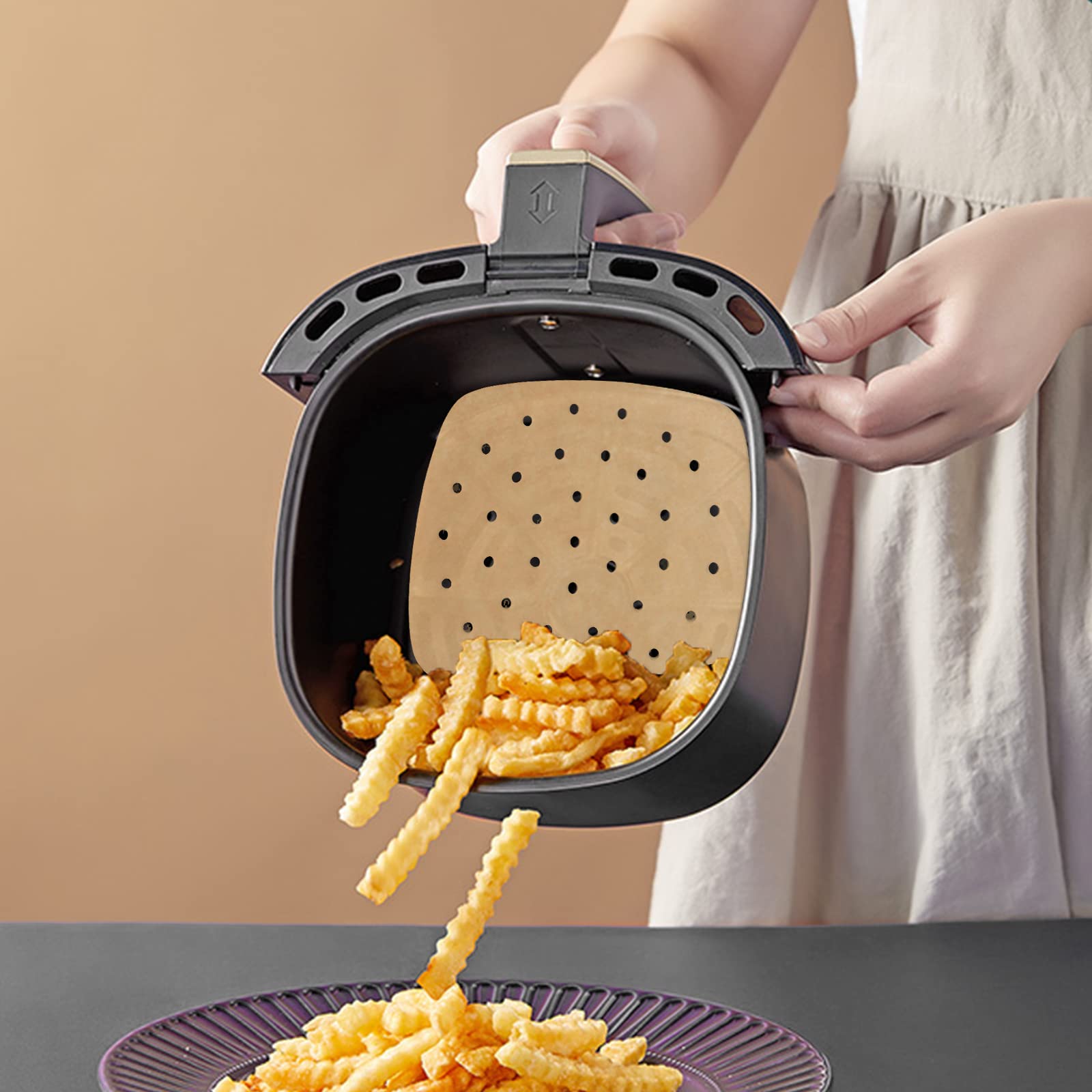 Numola 100 Pcs 9 Inch Square Air Fryer Liners - Disposable Perforated Parchment Paper Sheets for Baking, Non-Stick Steamer Liner for Oven, Microwave & Steaming Basket - Perfect for Healthy Cooking & Meal Prep