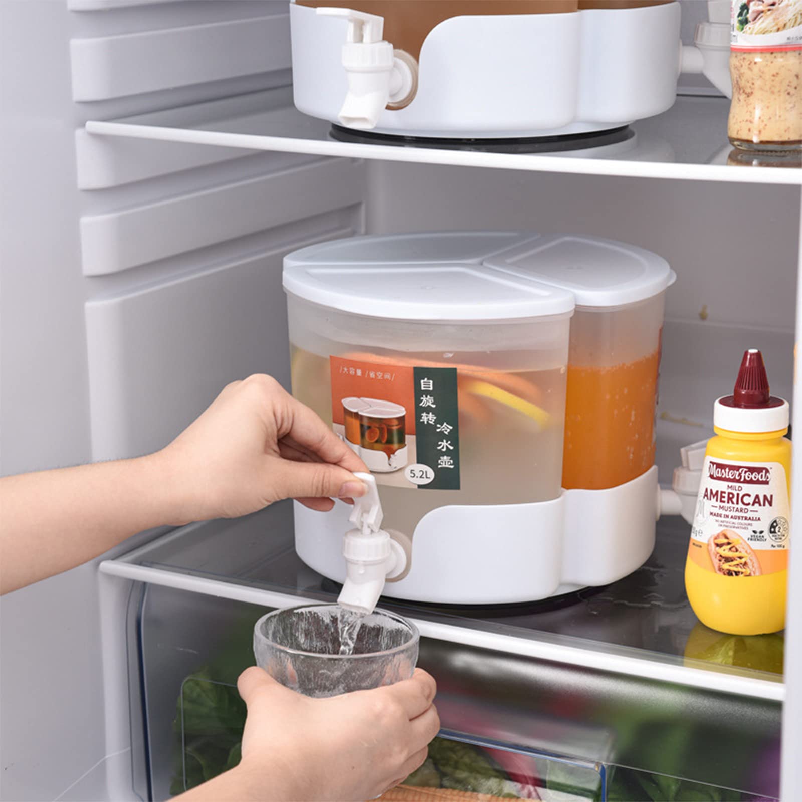 Rotating Large Capacity Refrigerator Cold Kettle with Lid and Faucet - 3-Compartment Split Fruit Teapot, Lemonade Bucket & Ice Water Jug for Household Juice, Cold Drinks, Ice Tea, Wine & Coffee - Perfect for Parties, BBQs, and Outdoor Gatherings