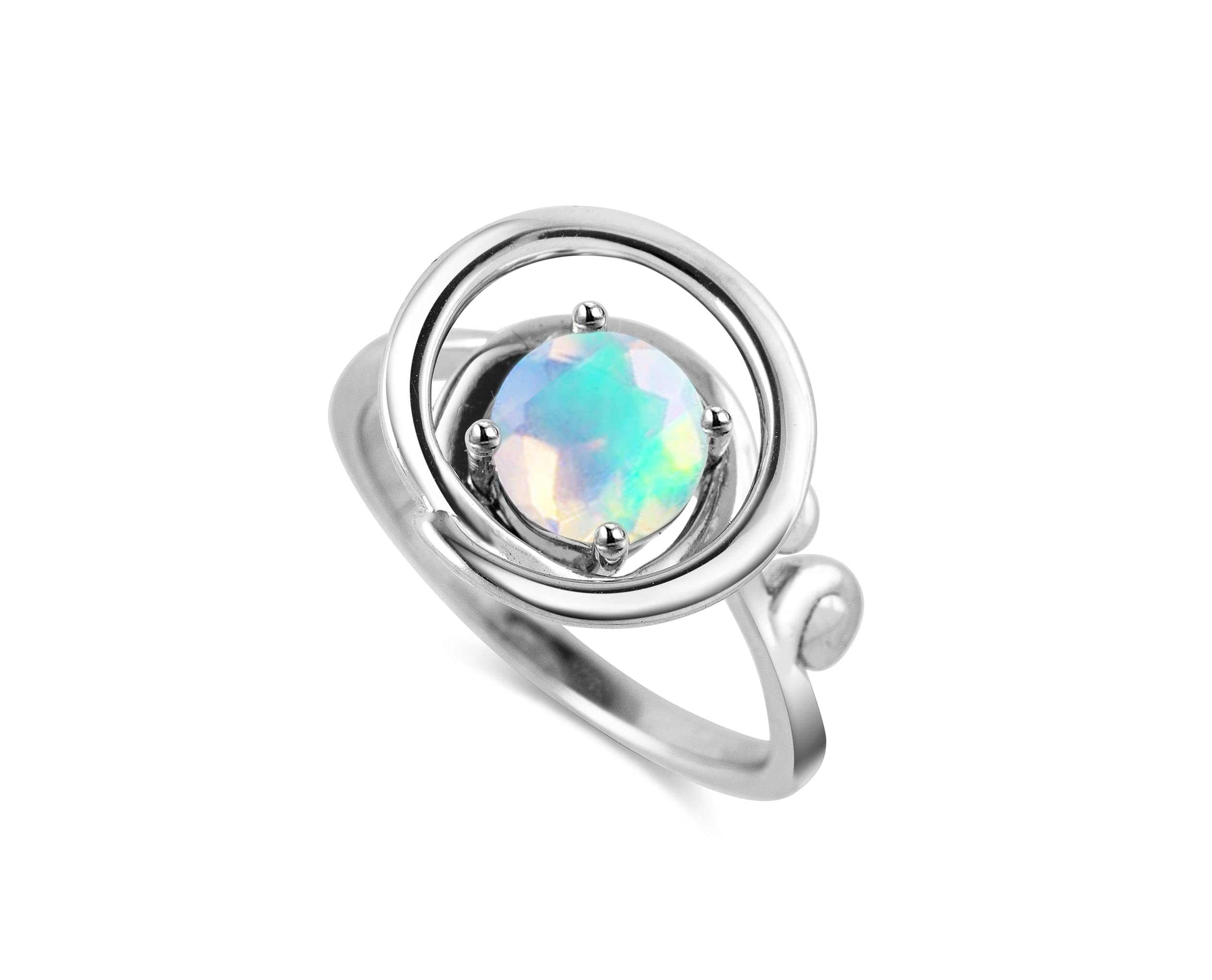 Rainbow Opal Ring for Women - October Birthstone Solitaire Sterling Silver Ring - Unique Circle Wave Design - Elegant & Simple Jewelry Gift for Her - Perfect for Birthdays, Anniversaries & Special Occasions