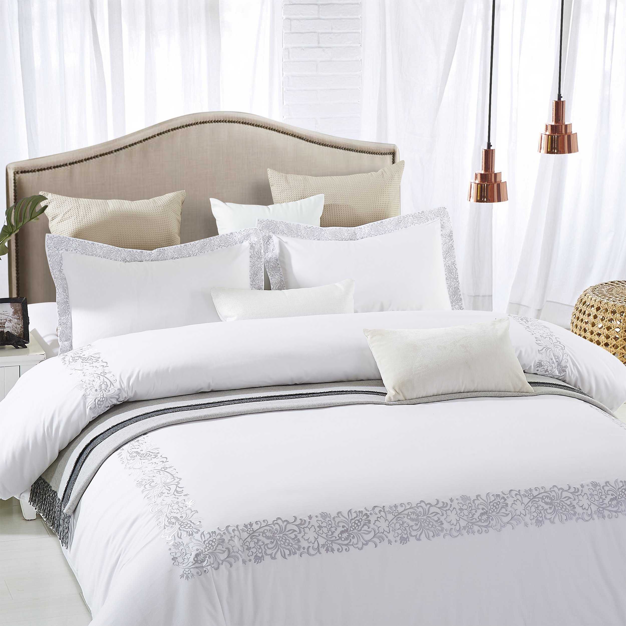 Premium Embroidered Cotton Duvet Cover Set - Soft Luxury Bedding with Button Closure - 1 Duvet Cover + 2 Pillow Shams - Moonlawn Collection - Elegant White Full/Queen Size - Perfect for Master Bedroom, Guest Room & Hotel Style Decor