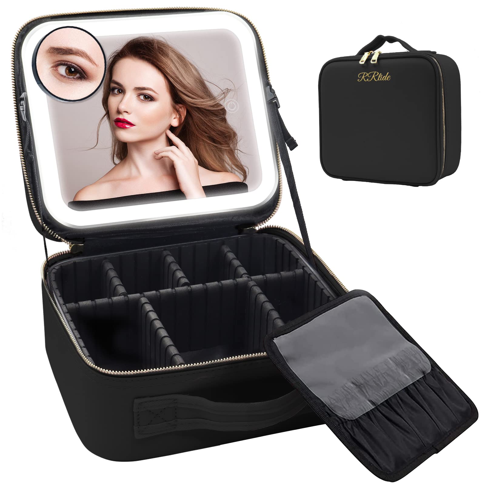 RRtide LED Lighted Travel Makeup Bag with Mirror - Adjustable Dividers Makeup Train Case, Includes 10x Magnifying Detachable Mirror - Perfect for Travel, Home Vanity & Professional Makeup Artists