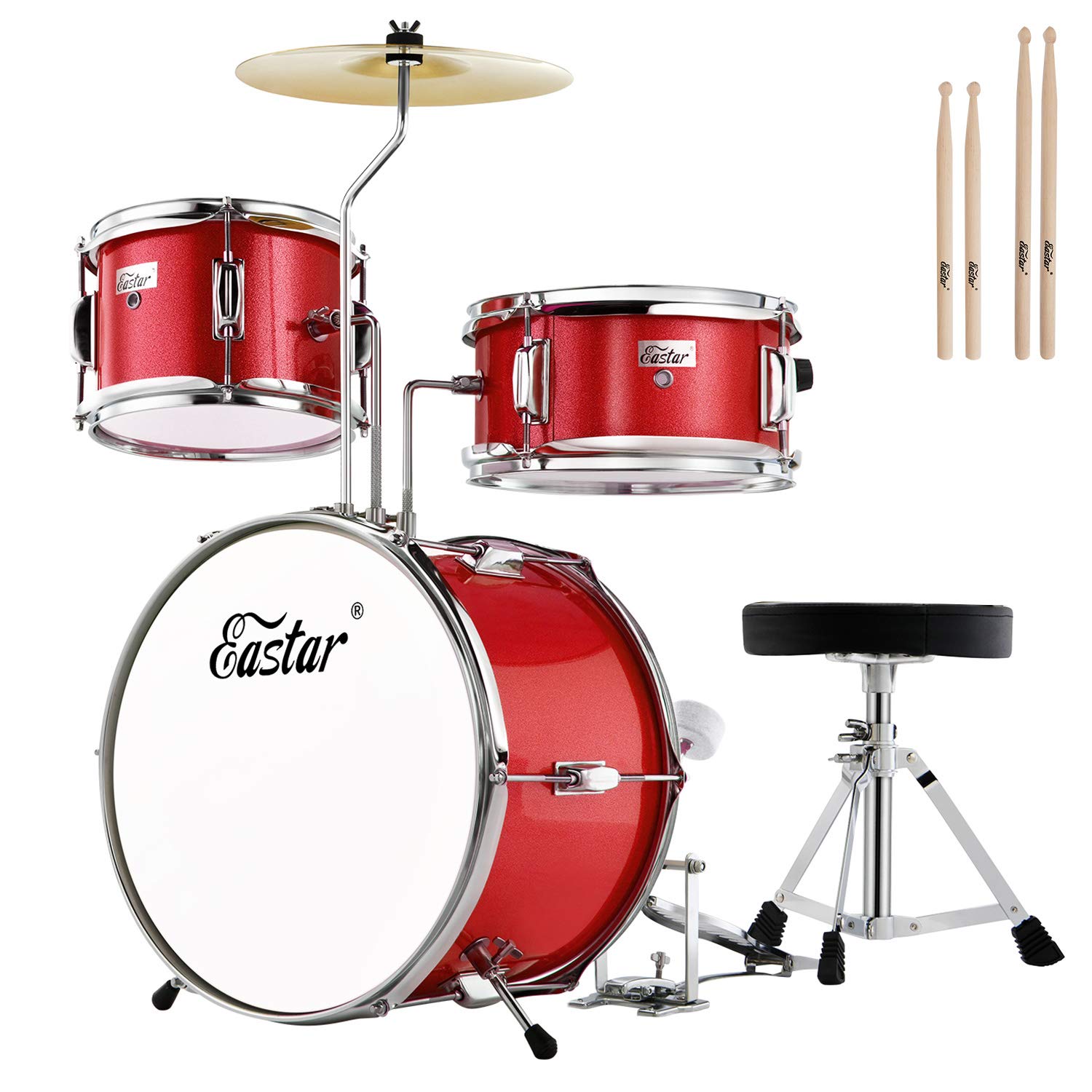 Eastar 3-Piece 14'' Junior Drum Set for Kids & Beginners - Complete Drum Kit with Adjustable Throne, Cymbal, Pedal & 2 Pairs Drumsticks - Perfect for Home Practice, Music Lessons & First-Time Players (Metallic Red)