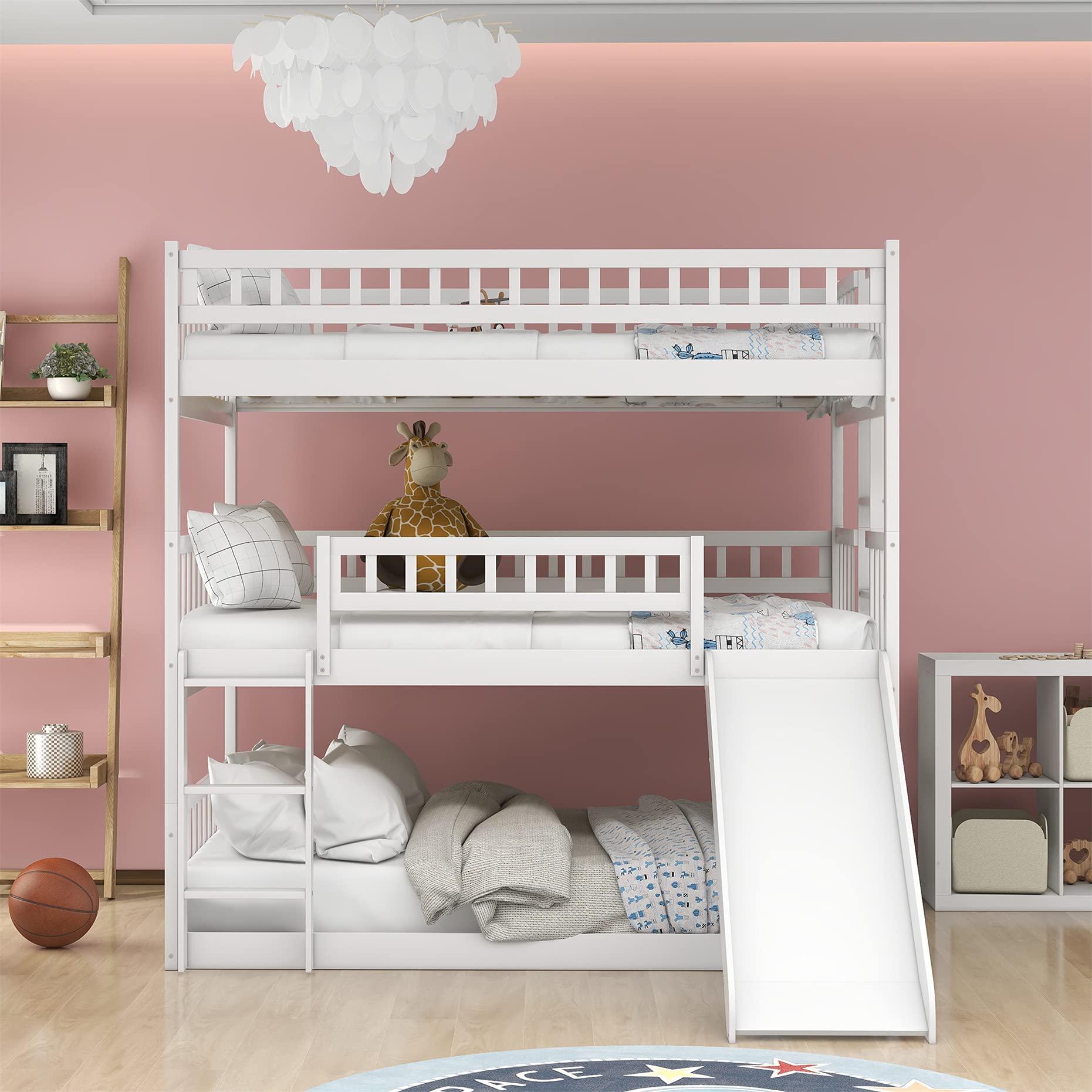 Harper & Bright Designs White Triple Bunk Beds with Slide - Full Over Full Over Full Wooden Bunk Bed Frame with Built-in Ladder - Space Saving Kids, Teens & Adults Bedroom Furniture for Small Rooms, Vacation Homes & Shared Bedrooms