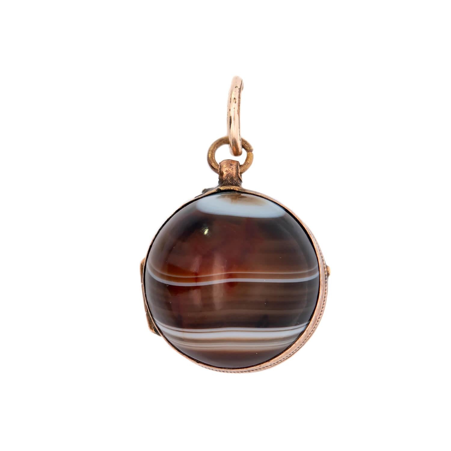 Victorian Style 10K Gold Banded Agate Ball Locket Pendant Necklace - Elegant Antique Jewelry for Women, Gift for Her, Valentine's Day & Anniversary Present
