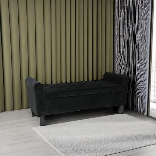 Velvet Storage Ottoman Bench with Arms - Black Button Tufted Footrest Seat for Bedroom, Entryway & Hallway | Multi-Functional Storage Bench for Living Room, Dorm & Home Decor (Black)
