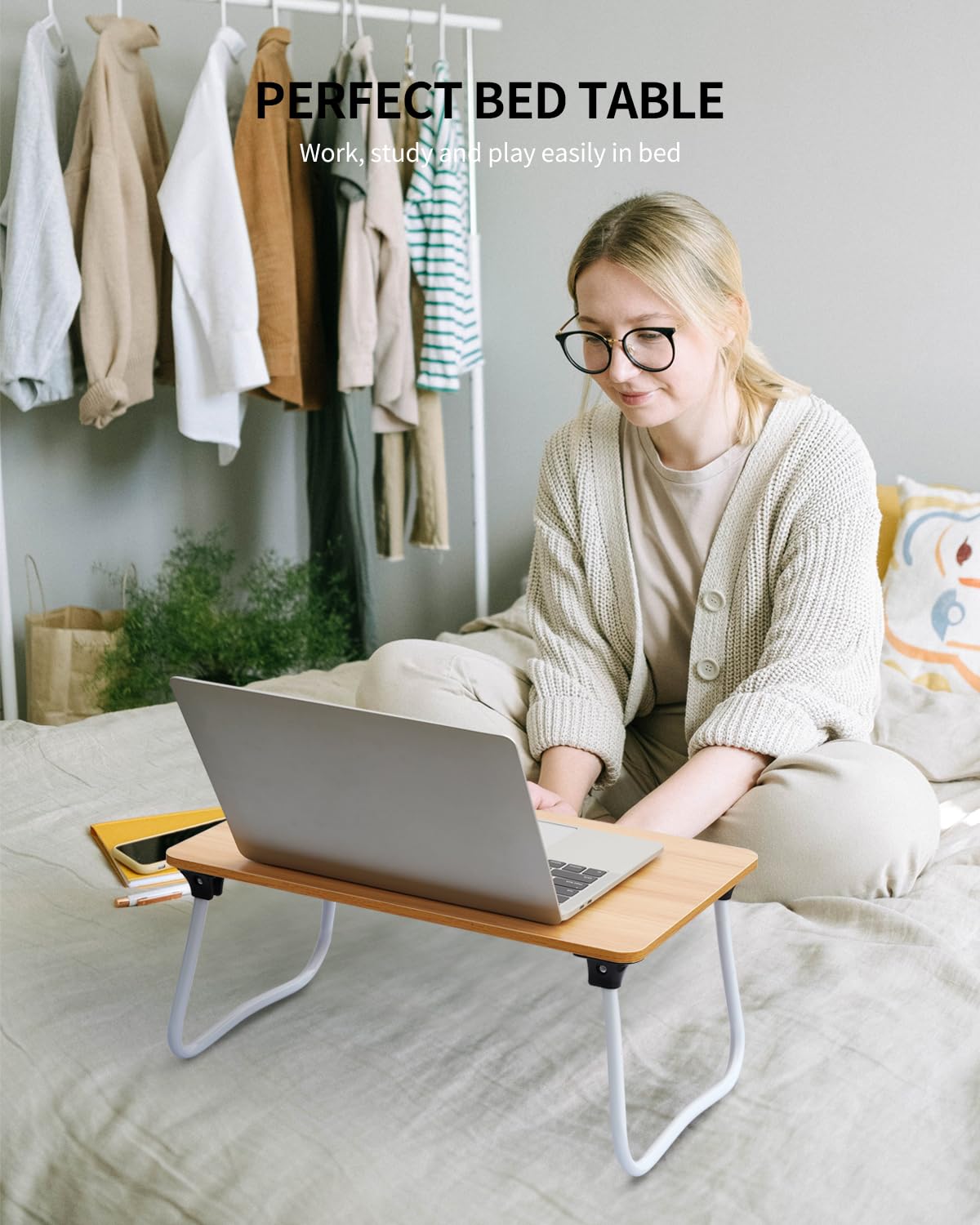 Foldable Lap Desk for Laptop & Tablet - Portable Lightweight Wooden Tray for Bed, Sofa, Couch & Floor - Breakfast Serving Tray & Workspace - Perfect for Home Office, Remote Work & Dining in Bed