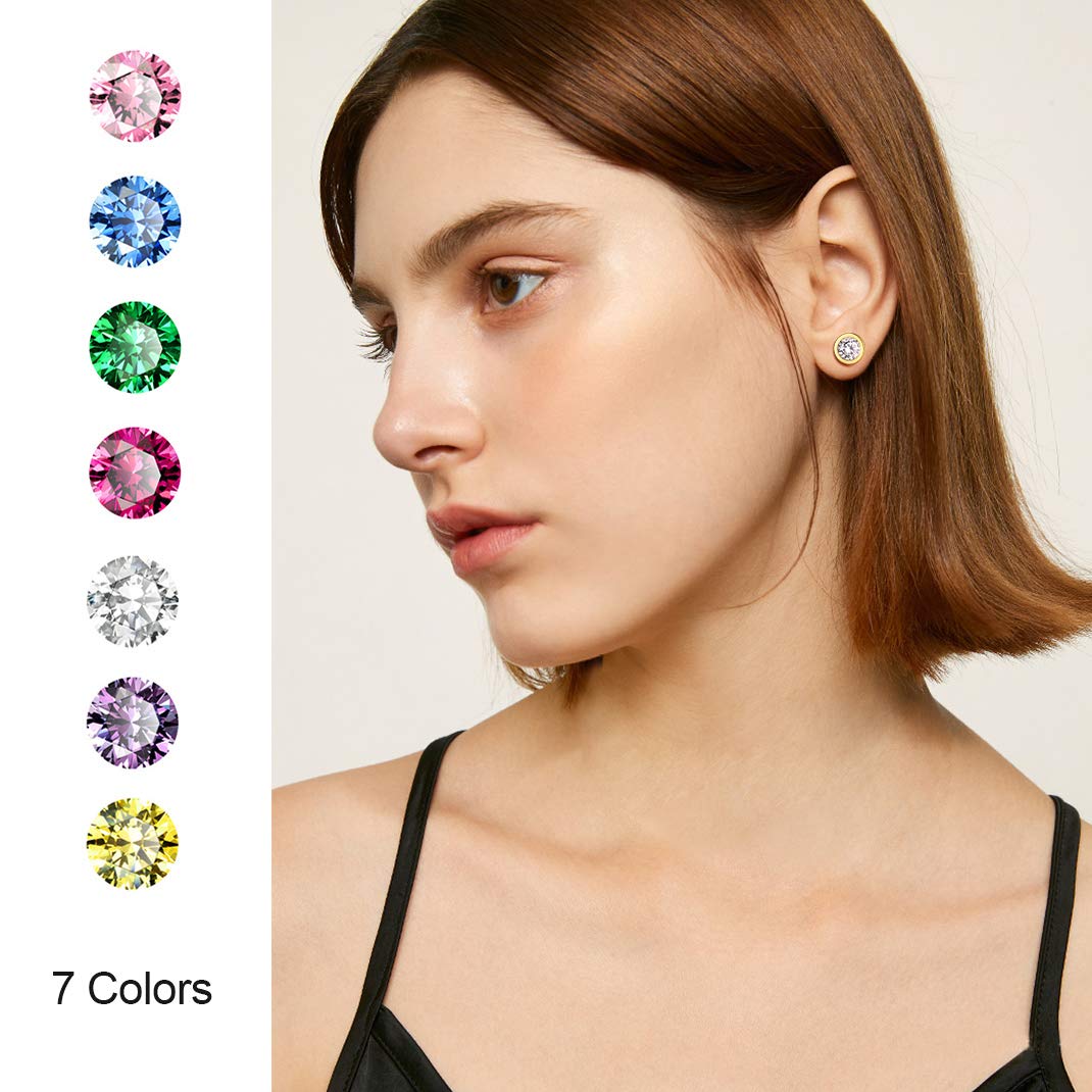 GoldChic Jewelry 5mm Cubic Zirconia Bezel Set Stud Earrings - 7 Pairs Stainless Steel Birthstone Earrings for Women, Interchangeable CZ Stone Studs | Perfect for Gifts, Parties & Everyday Wear