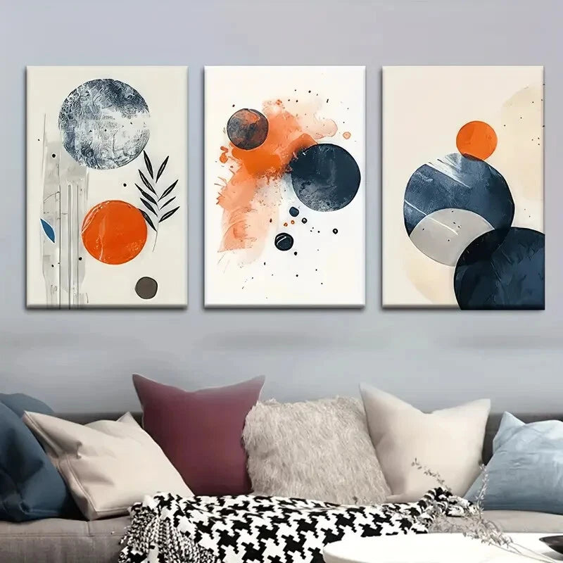 3-Piece Abstract Circles Blue Orange Grey Modern Metal Wall Art - Ready to Hang Canvas Prints for Living Room, Bedroom & Office Decor
