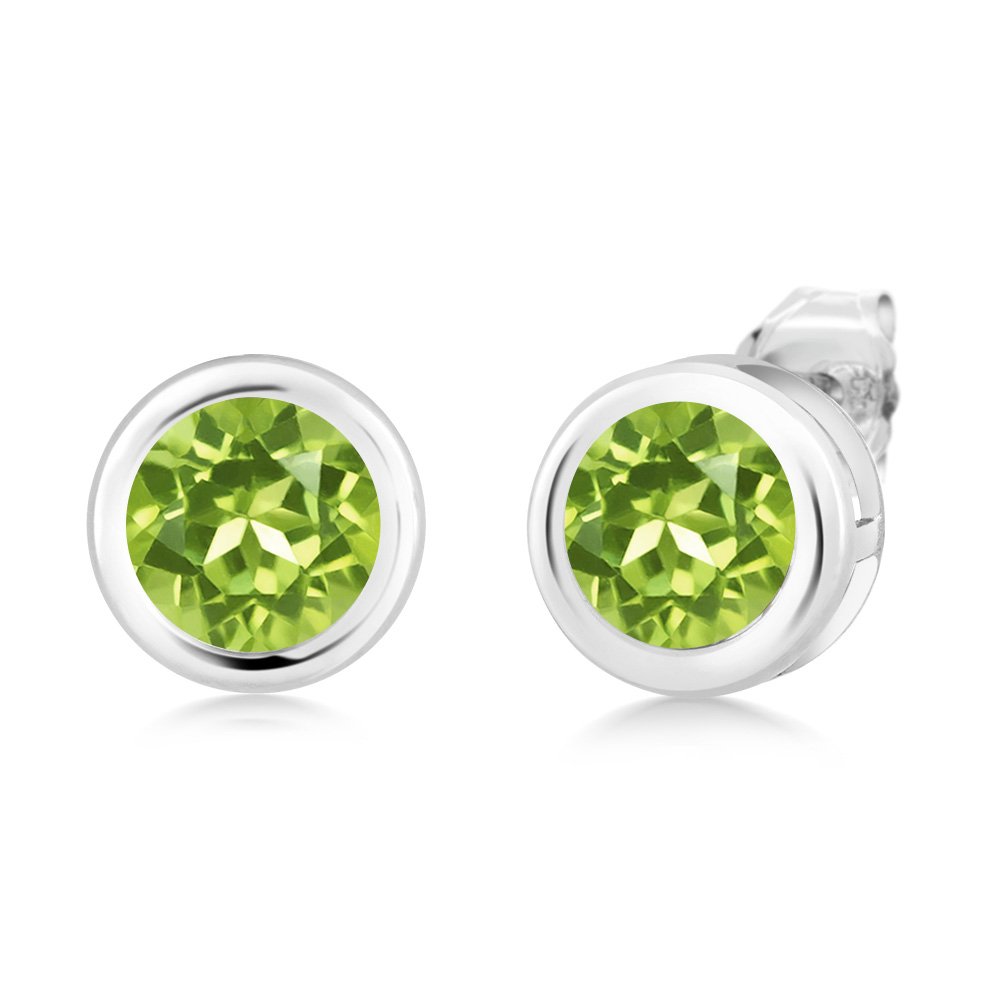 Gem Stone King 925 Sterling Silver Green Peridot Bezel Stud Earrings for Women & Men (1.80 CTTW, Round 6mm) - August Birthstone Jewelry Gift for Anniversary, Birthday & Special Occasions