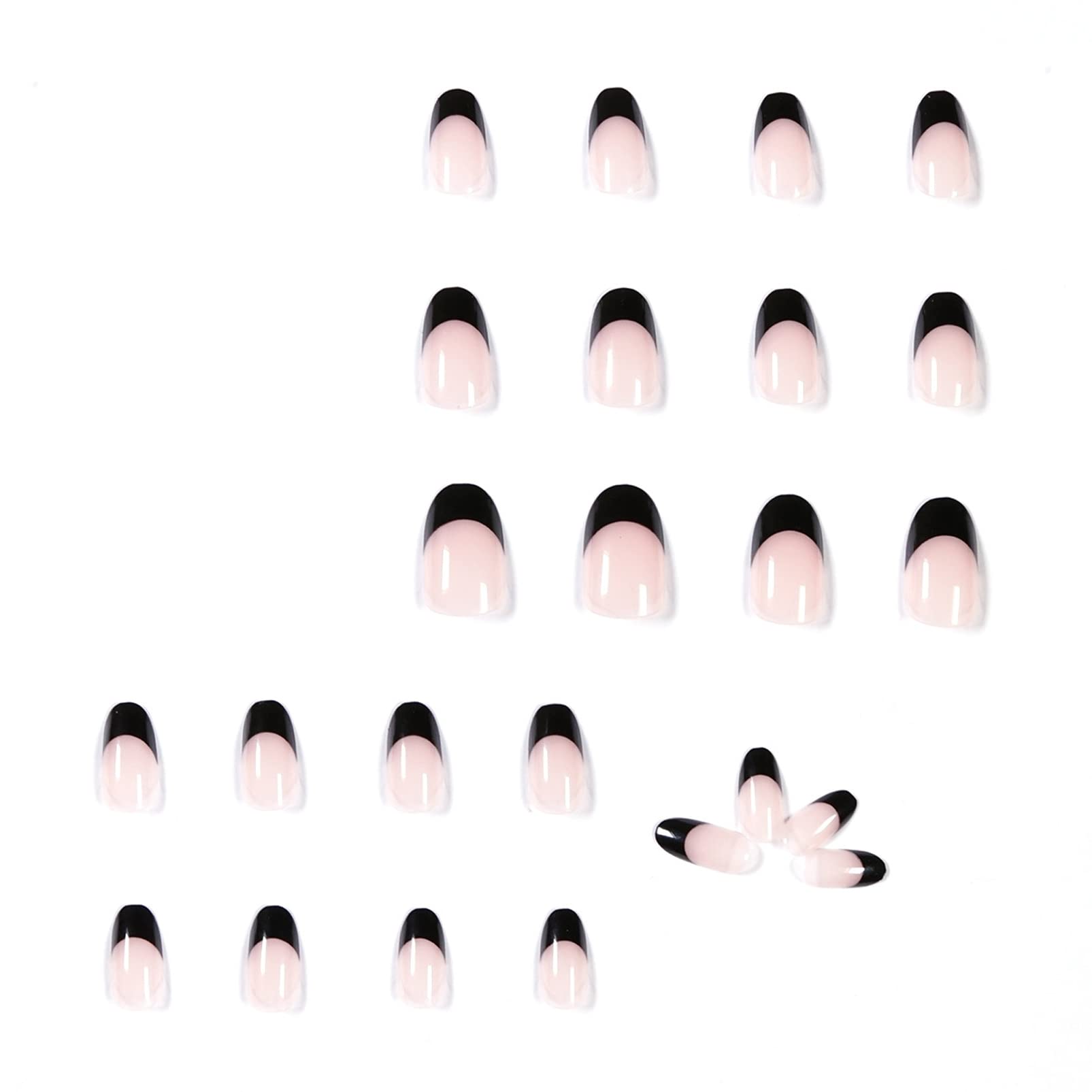 24Pcs Short Almond Fake Nails - Black French False Nails with Nail Glue, Oval Press on Nails for Women & Girls | Nude French Tips, Full Cover Stick on Nails for Daily Wear, Parties & Special Occasions