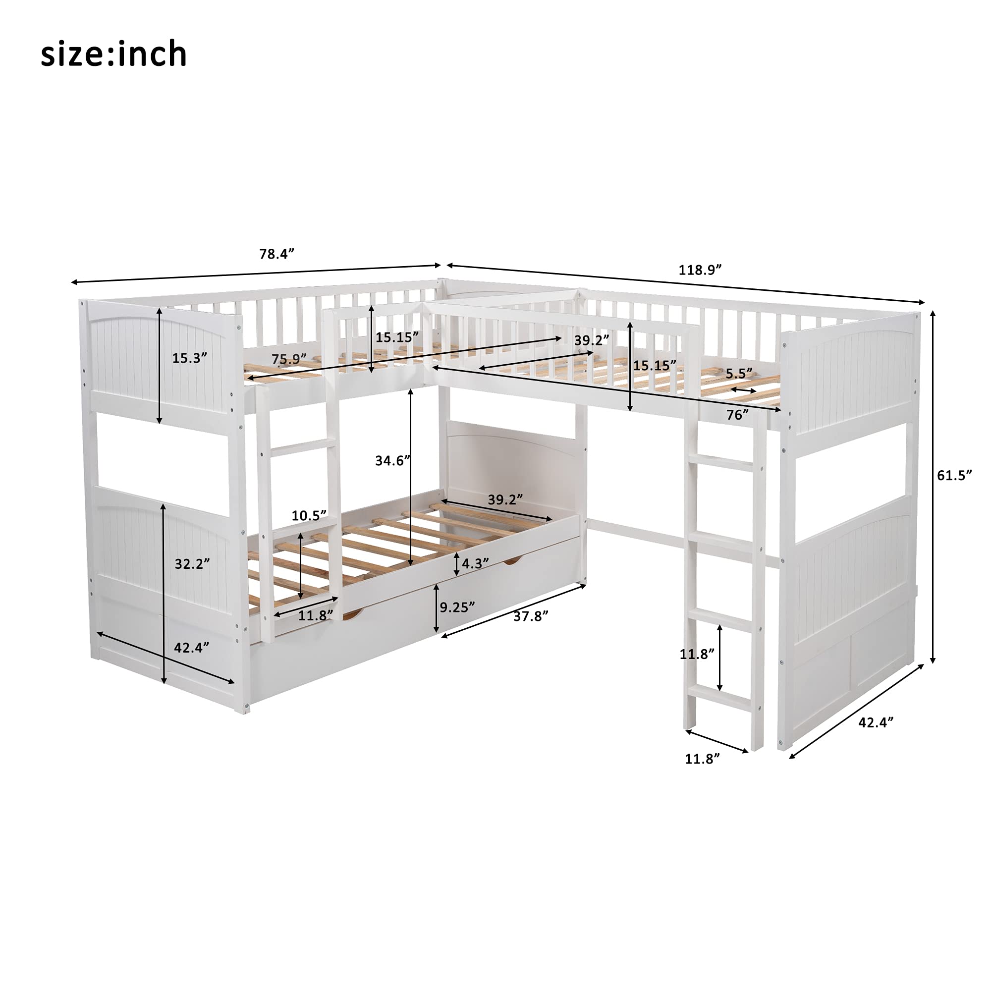 Harper & Bright Designs L-Shaped Triple Bunk Bed for Kids - Twin Over Twin Over Twin 3 Tier Bunk Bed with Storage Drawers, No Box Spring Required | Space Saving Kids Bedroom Furniture for Small Rooms, Sleepovers & Shared Bedrooms