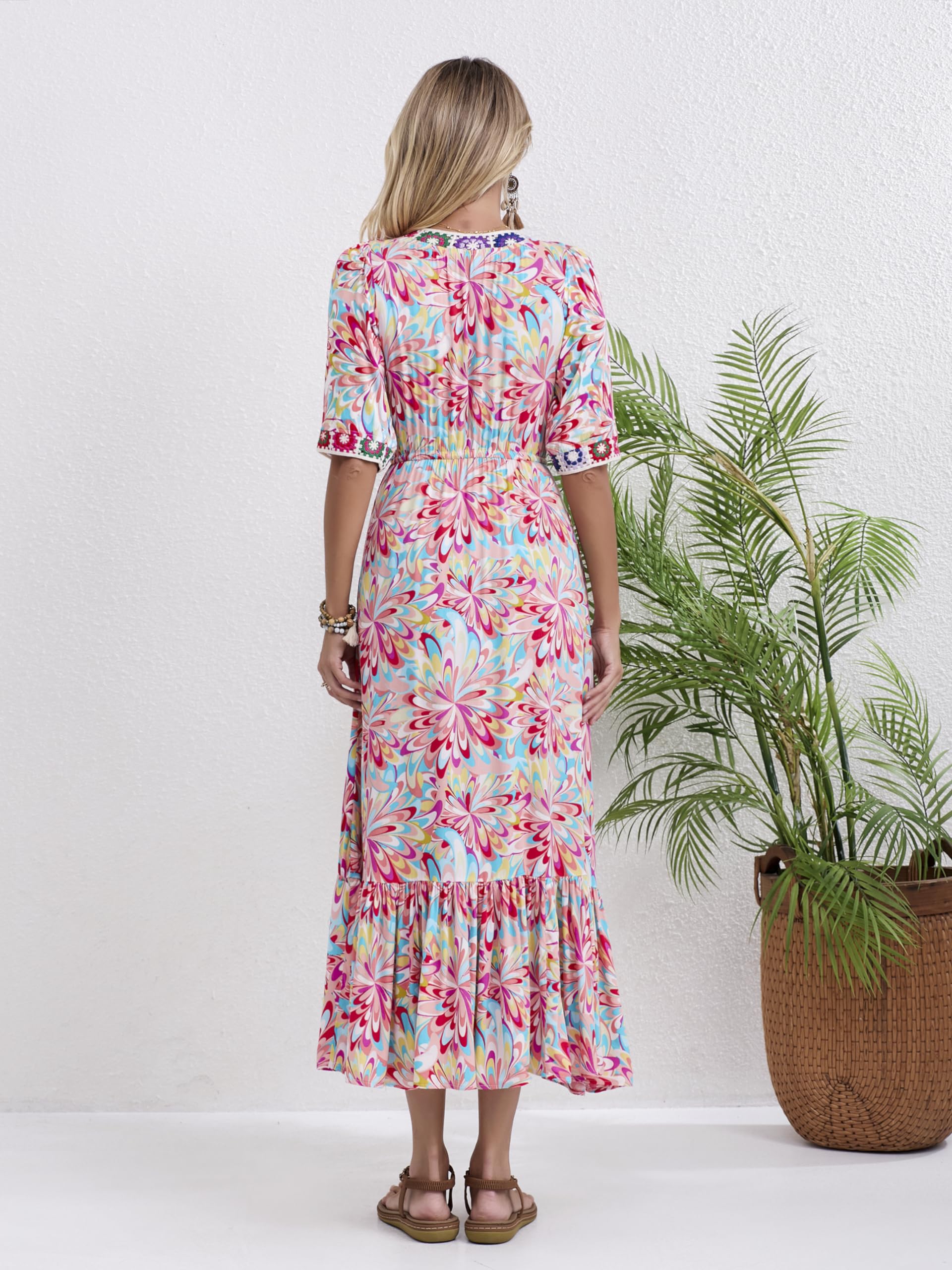 Women's Floral Print V-Neck Short Sleeve High Waist Bohemian Midi Dress - Perfect for Summer Casual Wear, Beach Vacation & Boho Chic Outfits