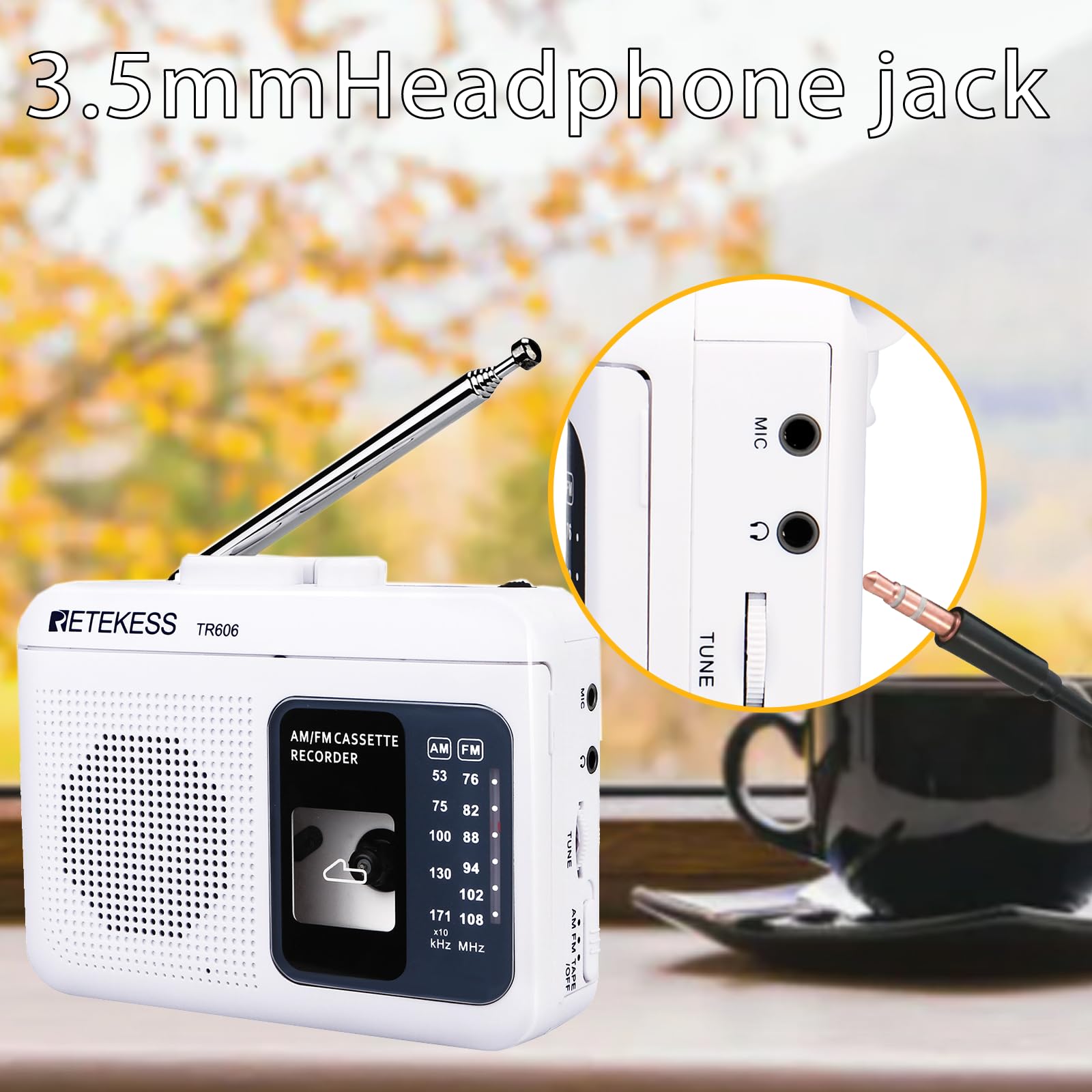 Retekess TR606 Portable AM/FM Radio Cassette Player & Recorder with 3.5mm Headphone Jack, Fast Forward/Rewind - Perfect for Home, Office, Travel and Christmas Gifts (White)