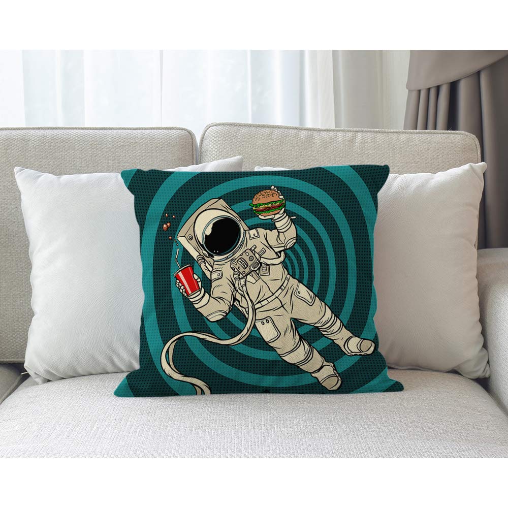 Astronaut Spiral Stripes with Cola & Hamburger Starship Throw Pillow Cover - 18x18 Inch Cotton Linen Square Cushion Case for Bedroom, Living Room, Space-Themed Decor