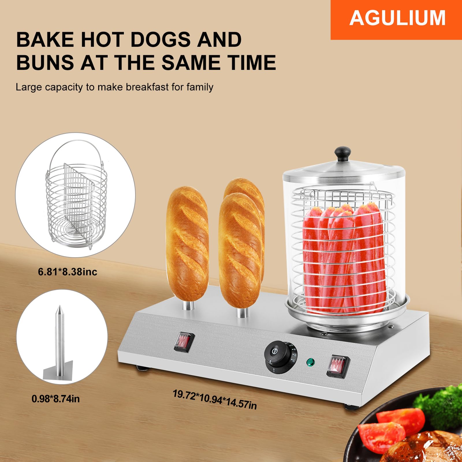Commercial Electric Hot Dog Steamer & Bun Warmer - 110V Stainless Steel Hot Dog Machine for Hot Dogs, Sausages, Buns & Baguettes - Perfect for Restaurants, Food Trucks and Home Kitchens