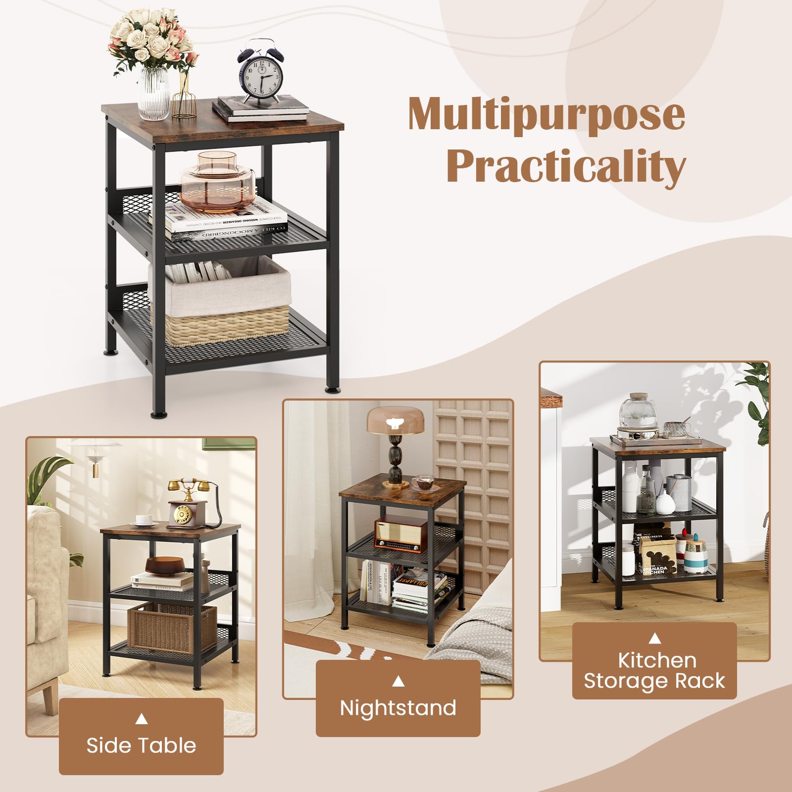 Giantex 2-Pack 3-Tier Industrial End Tables with Mesh Storage Shelves - 16