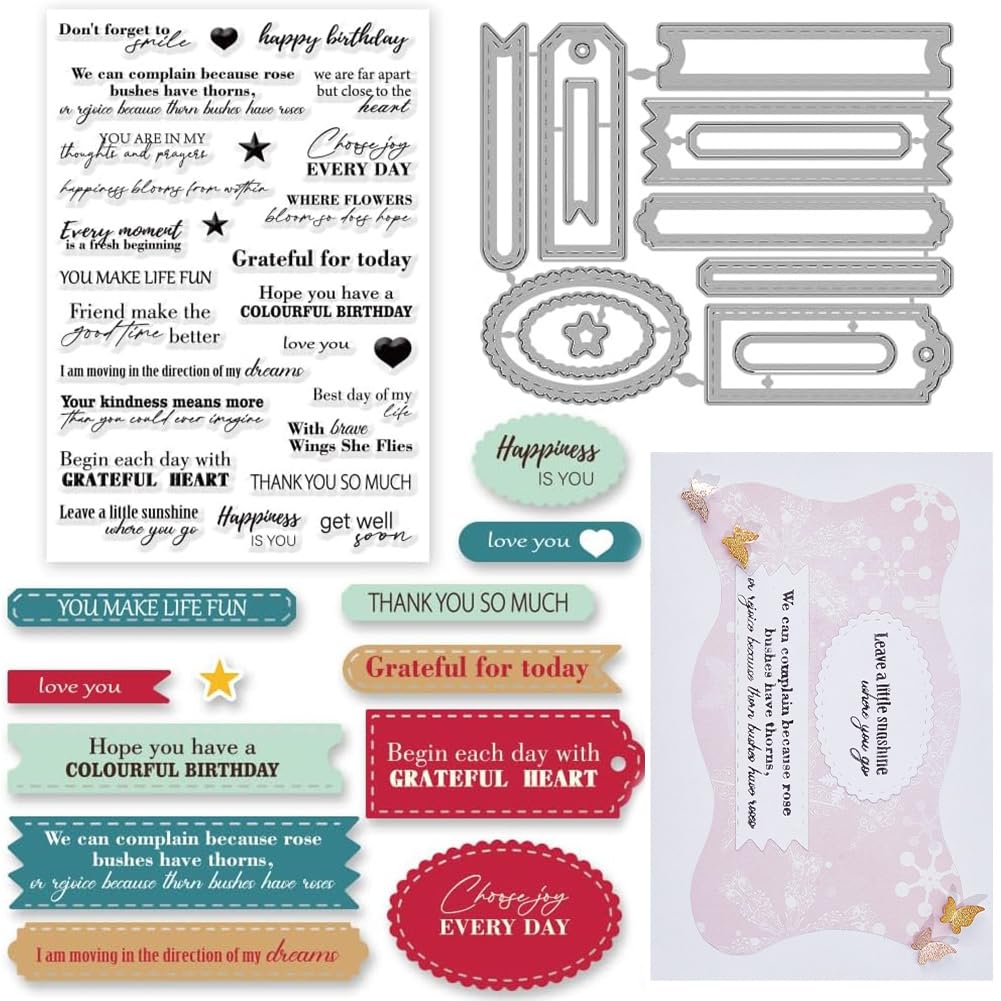 INFUNLY 2-Piece Blessing Words Stamp and Die Set for Card Making - Motivational Quote Silicone Clear Stamps & Label Cutting Dies - Perfect for DIY Scrapbooking, Embossing, Album Decoration and Handmade Greeting Cards