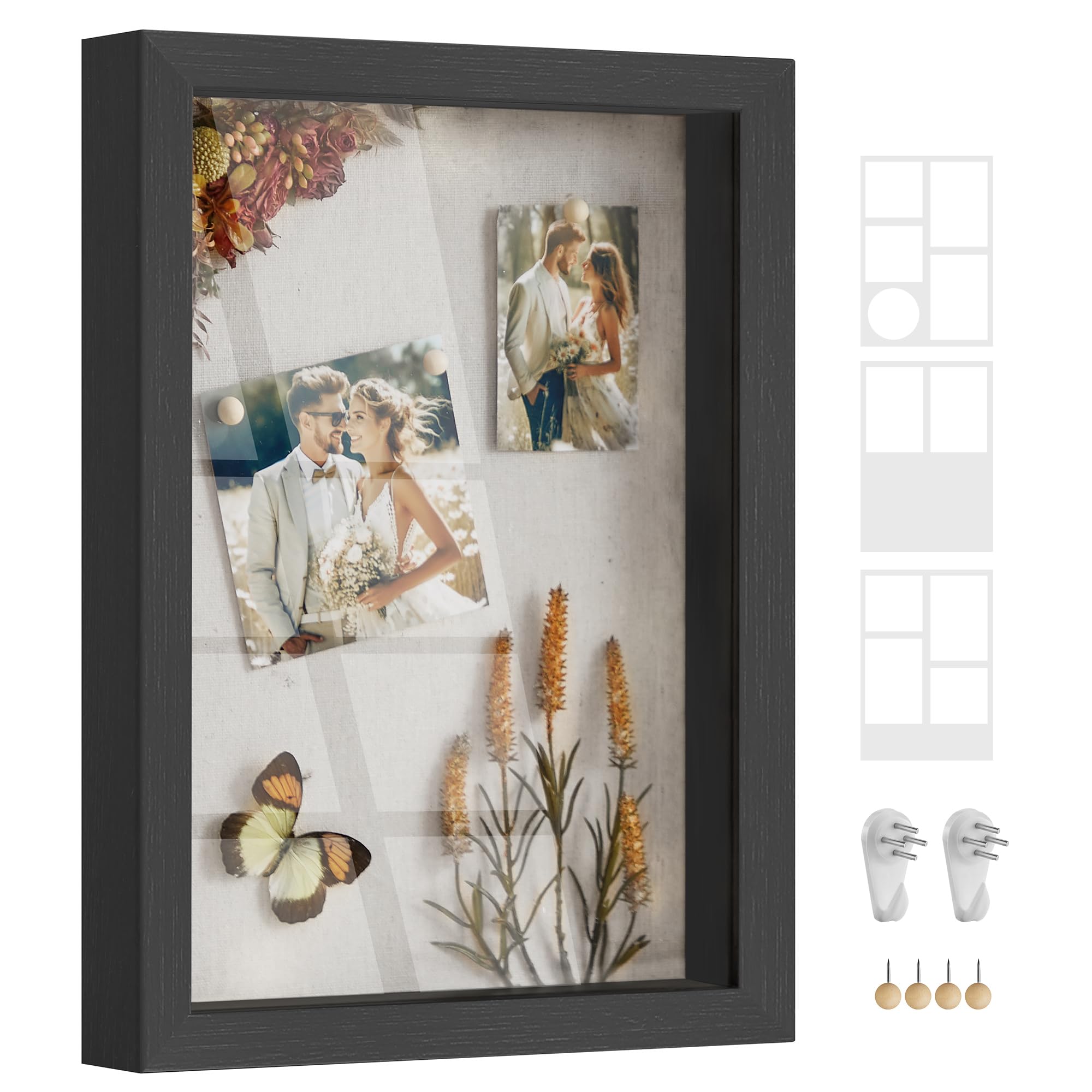 SONGMICS 1.3-Inch Deep Shadow Box Frame - Wooden Memory Display Case for Wall & Desk Decor with 4 Push Pins, 3 Mats & 2 Non-Trace Nails - Perfect for Photos, Memorabilia & Gifts (Ash Black) - Ideal for Home, Office & Wedding Display