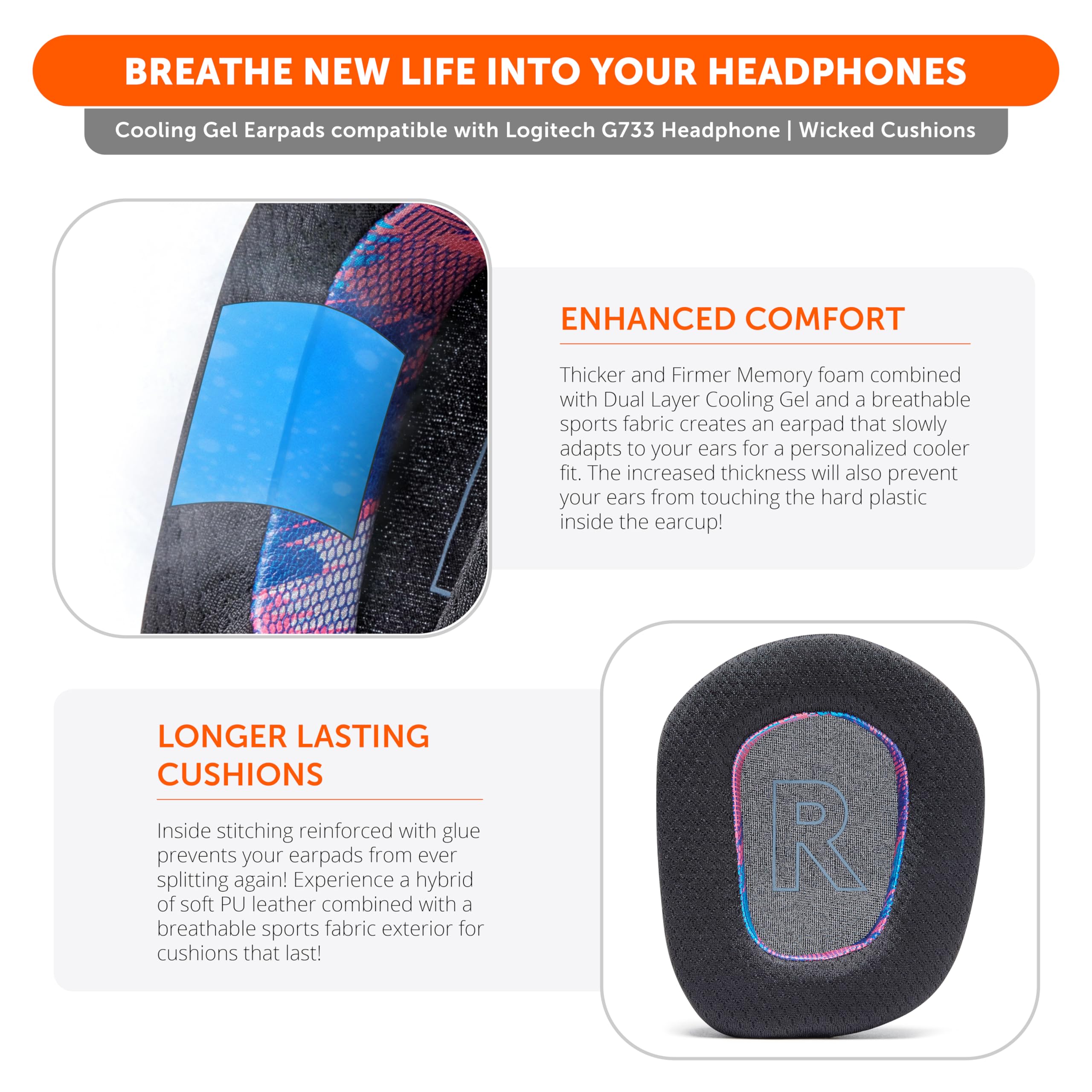 Wicked Cushions WC Freeze Cooling Gel Earpads for Logitech G733 Headphones - Enhanced Comfort & Thickness with Cooling Gel Technology for Gaming, Work & Long Wear | Perfect for PC, PS5 & Xbox Gamers