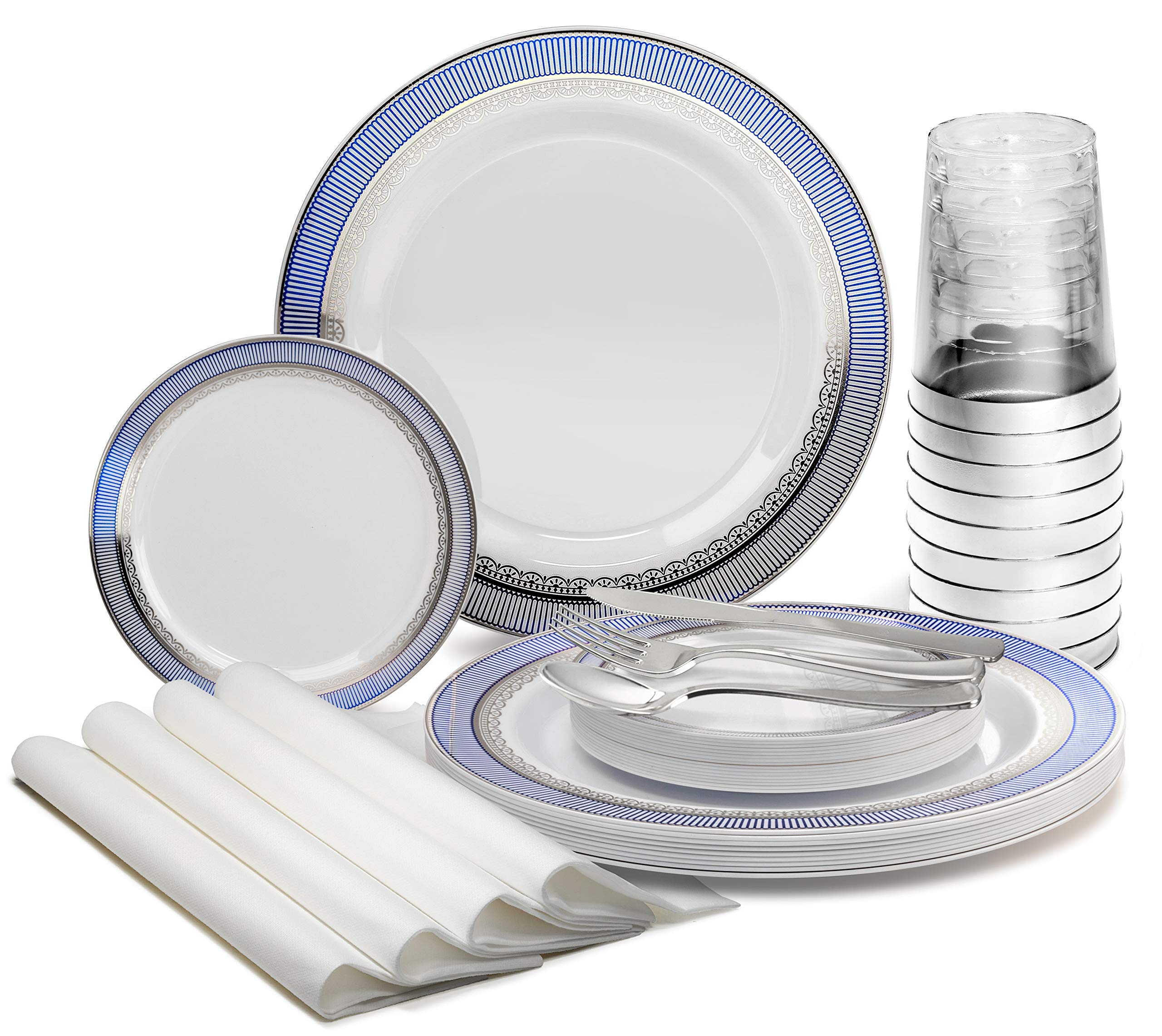 560-Piece Heavyweight Disposable Plastic Plate Set for 80 Guests - 10.5'' Dinner Plates & 6.25'' Dessert Plates with Silverware, Cups, Napkins (Louvre White/Blue & Silver) - Perfect for Weddings, Parties, Catering & Large Events