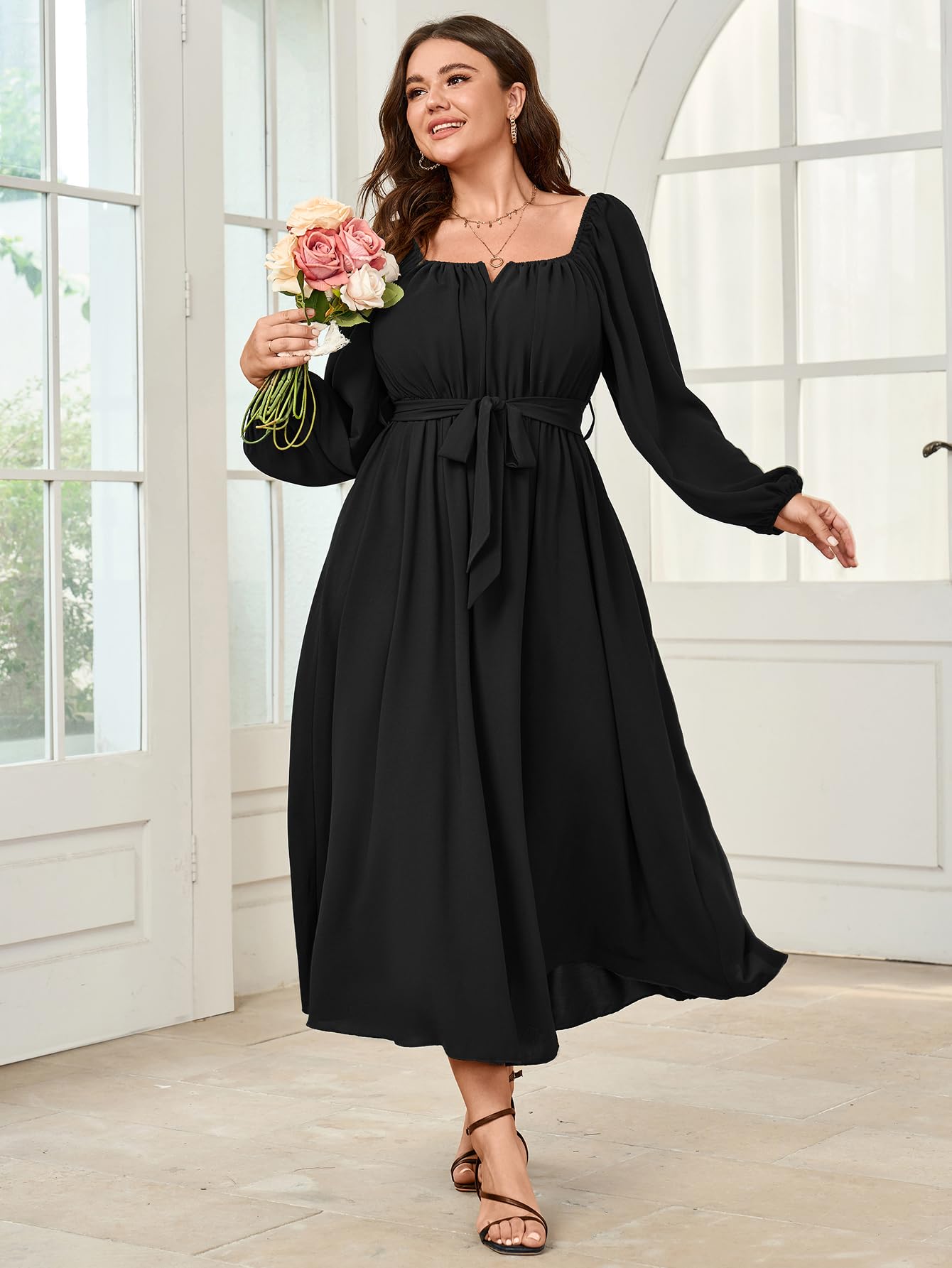 SCOMCHIC Women's Plus Size Maxi Dress - Long Sleeve Square Neck Elegant Cocktail Dress with Belt, Flowy A-Line Design for Wedding Guest, Party & Special Occasions