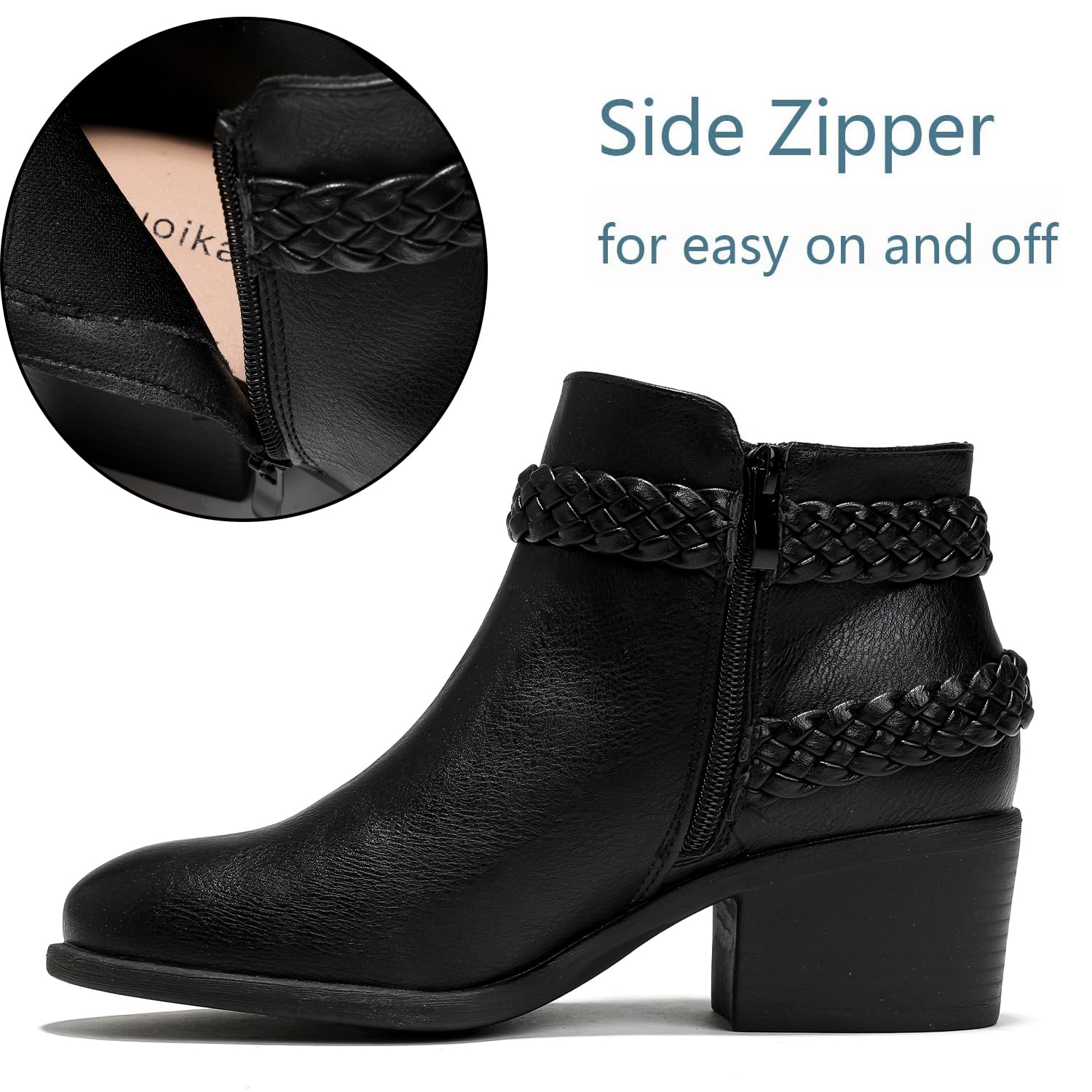 Luoika Women's Wide Width Ankle Boots - Black & Brown Block Heel Side Zipper Booties for Casual Outfits, Work & Fall Fashion