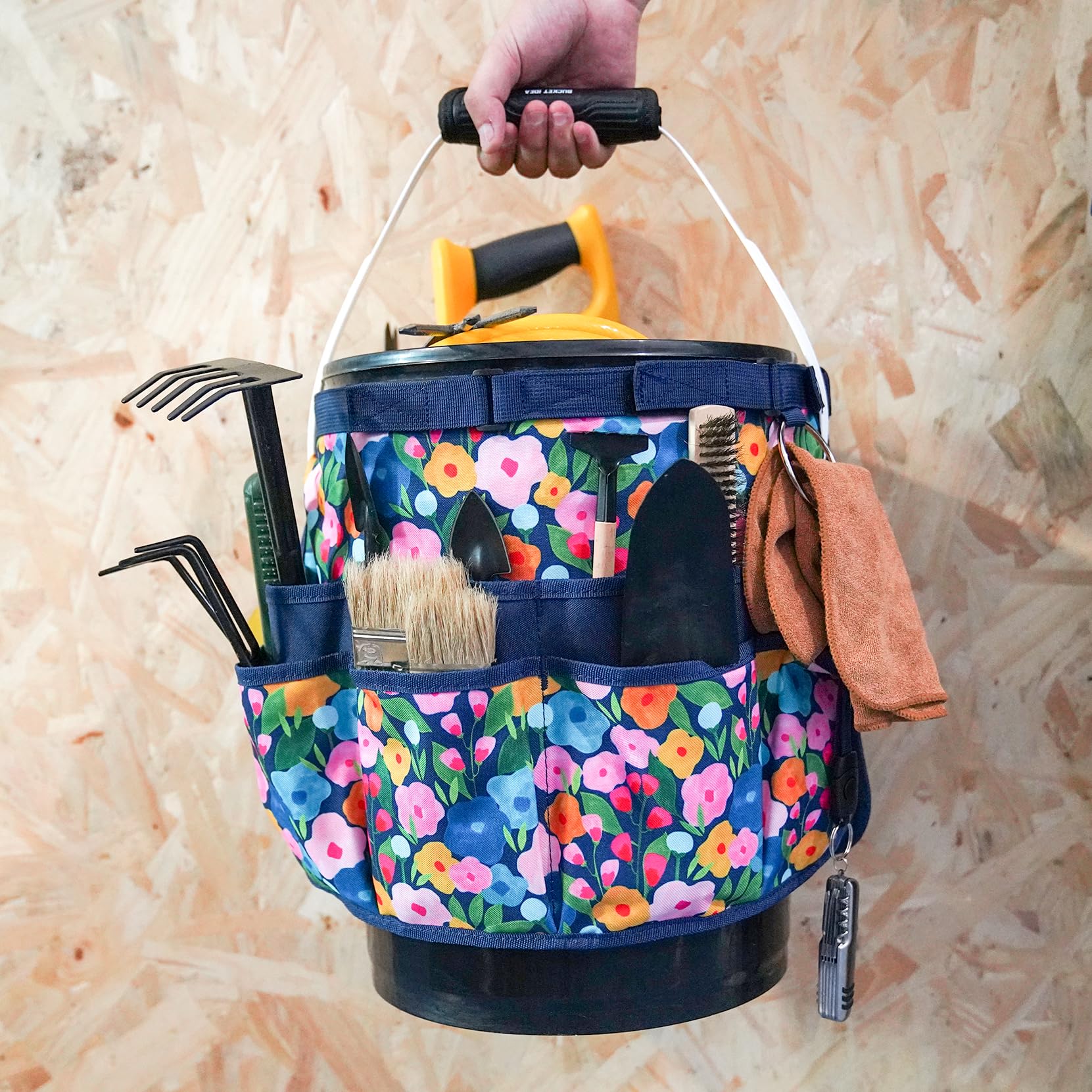 MELOTOUGH Bucket Organizer for Garden Tools - Fits 3.5 to 5 Gallon Buckets, Heavy Duty Tool Holder with Blue Flower Design - Perfect for Gardening, DIY Projects & Workshop Organization