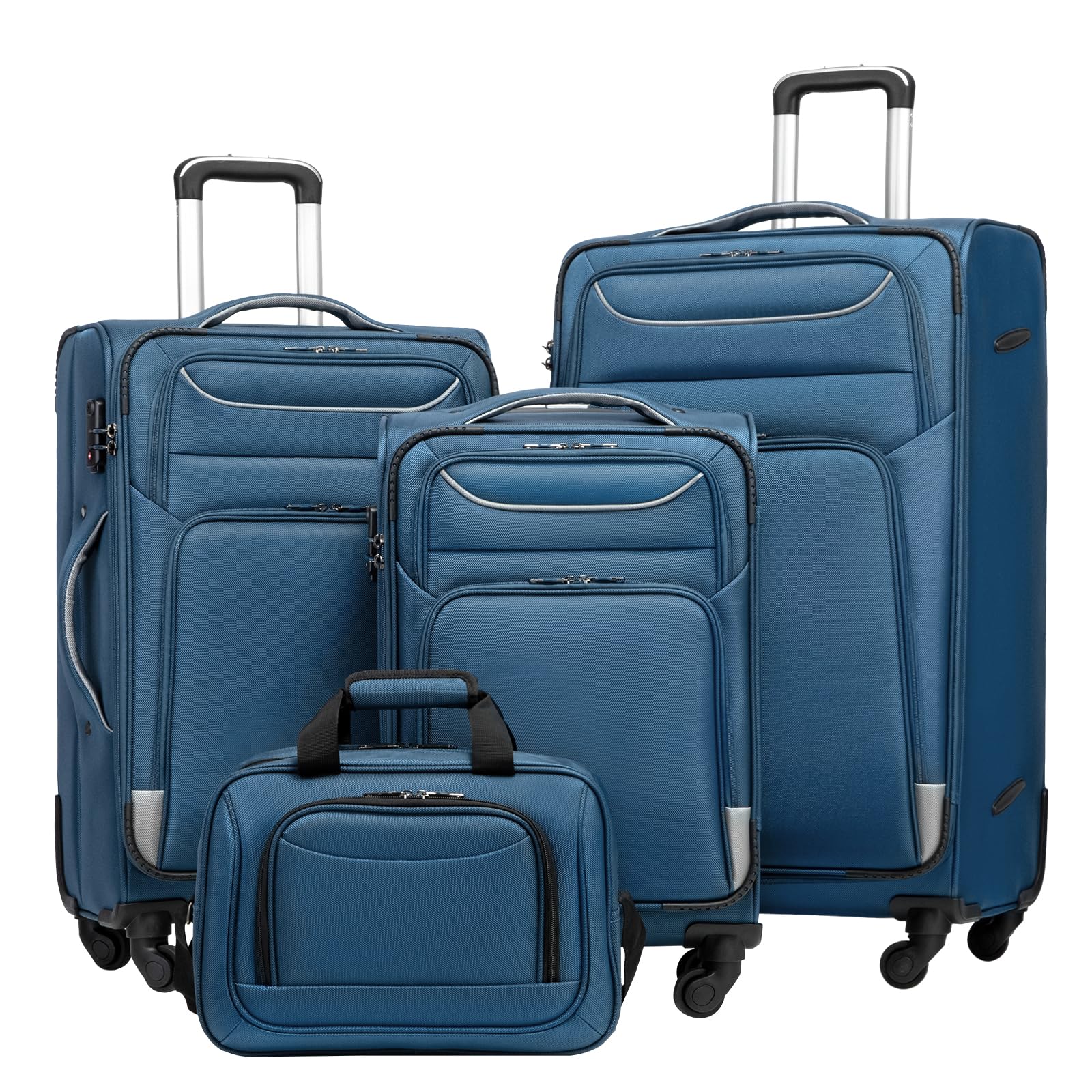 Coolife 4-Piece Lightweight Softshell Luggage Set with Spinner Wheels & TSA Lock - Blue & Silver | Perfect for Family Vacations, Business Travel & International Trips