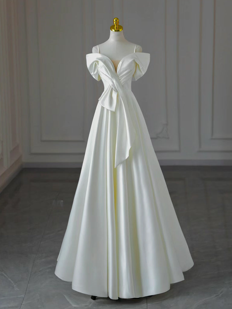 Elegant A-Line Off-Shoulder Satin White Long Prom Dress - Formal Evening Gown for Homecoming, Wedding Guest & Special Occasions