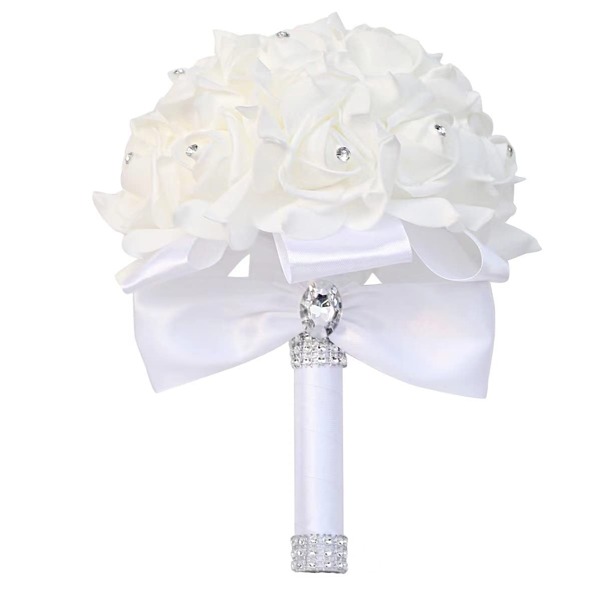 Elegant Wedding Bouquet for Bride & Bridesmaids - Artificial Foam Roses with Crystal Accents & Soft Ribbon - Perfect for Bridal Shower, Ceremony, and Photo Shoots