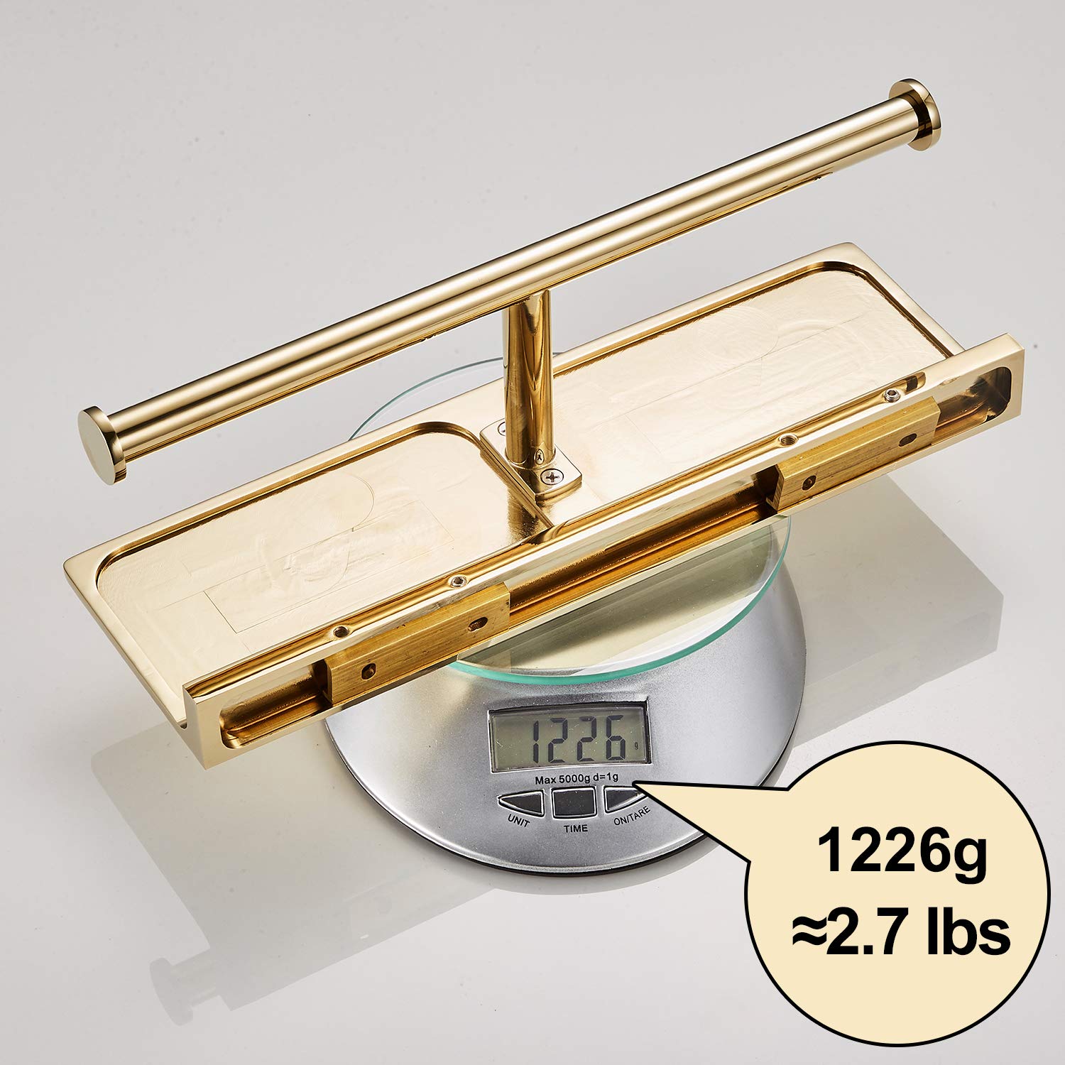 Double Roll Toilet Paper Holder with Shelf - Solid Brass Hotel Style Tissue Dispenser with Storage - Polished Gold Finish for Bathroom & Luxury Restrooms