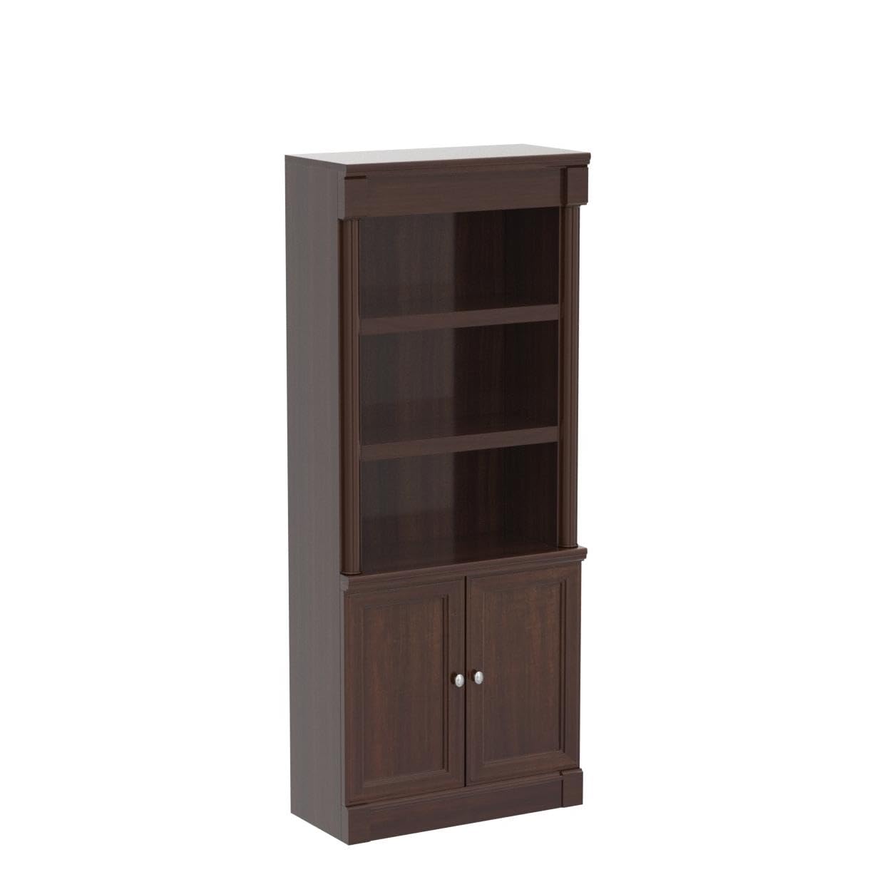 Pemberly Row Library Bookcase with Doors in Select Cherry - Solid Wood Bookshelf for Home Office, Living Room & Study - Stylish Storage for Books, Decor & Essentials