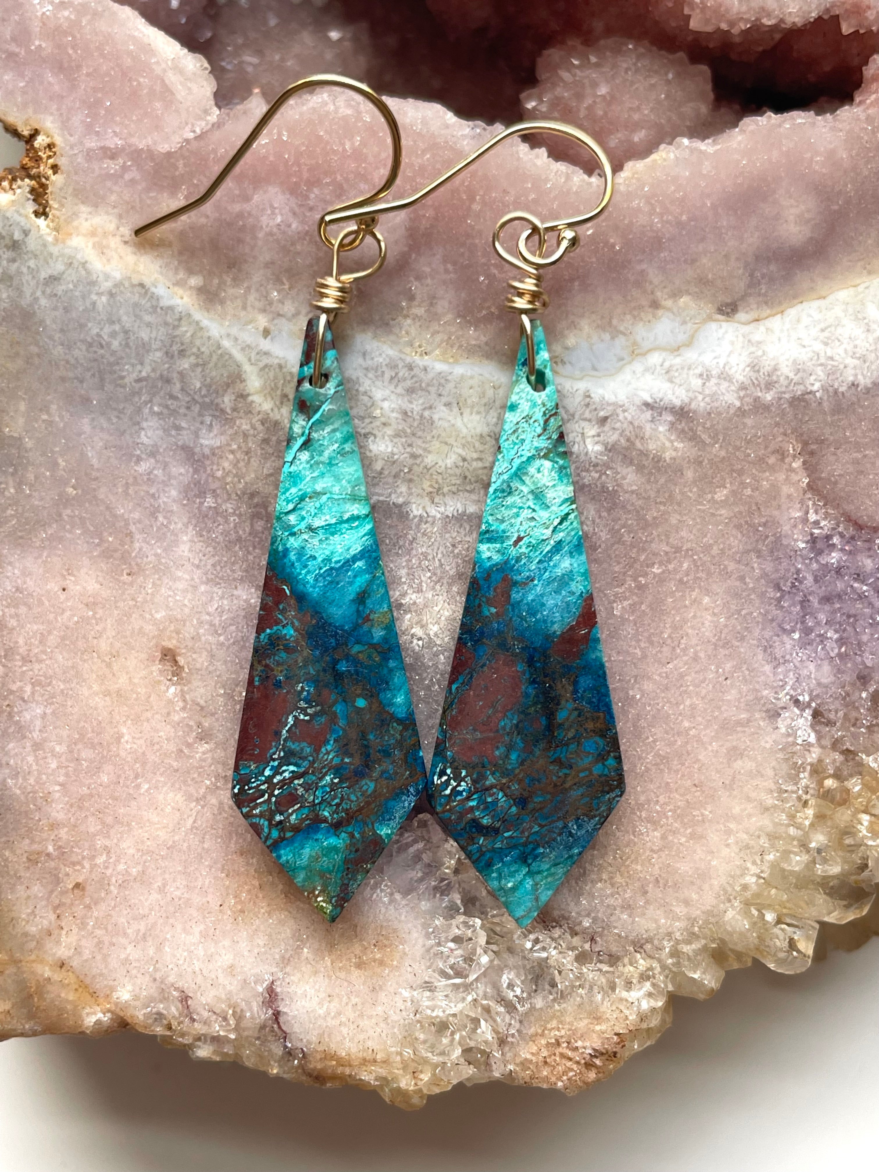 Chrysocolla Gold Filled Statement Crystal Gemstone Earrings for Women | Elegant Bohemian Jewelry for Parties, Weddings & Special Occasions