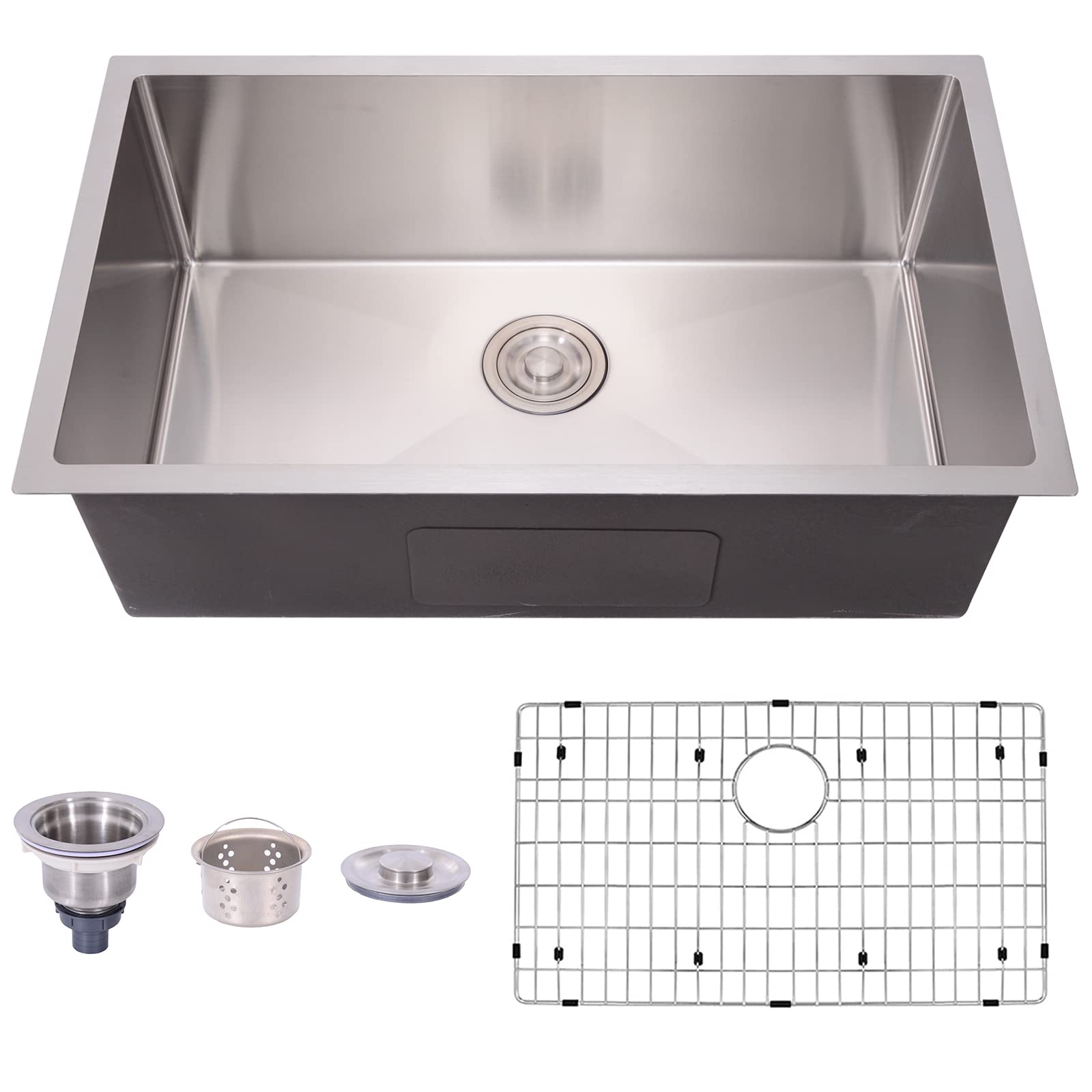 TopCraft 30 Inch Undermount Kitchen Sink - 16 Gauge Stainless Steel Single Bowl with Strainer & Bottom Grid - Perfect for Home Kitchens & Bars