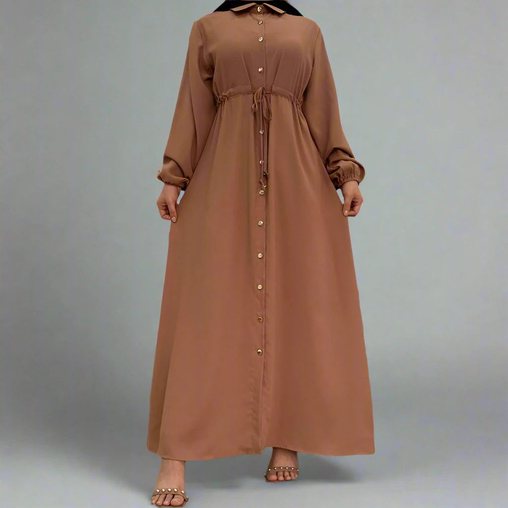 Elegant Muslim Button Up Abaya Dress with Stand Collar - Modest Islamic Prayer Dress for Women, Perfect for Mosque, Eid & Special Occasions