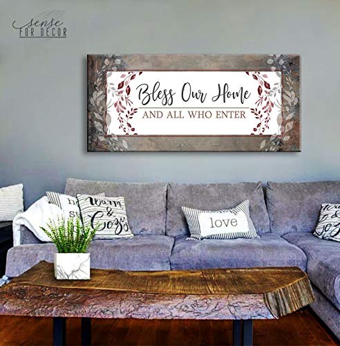 Bless Our Home Sign - Large Canvas Wall Art for Front Door & Entryway Decor (60x27, Brown) | Perfect Housewarming Gift & Living Room Wall Decor for Cozy Home Ambiance