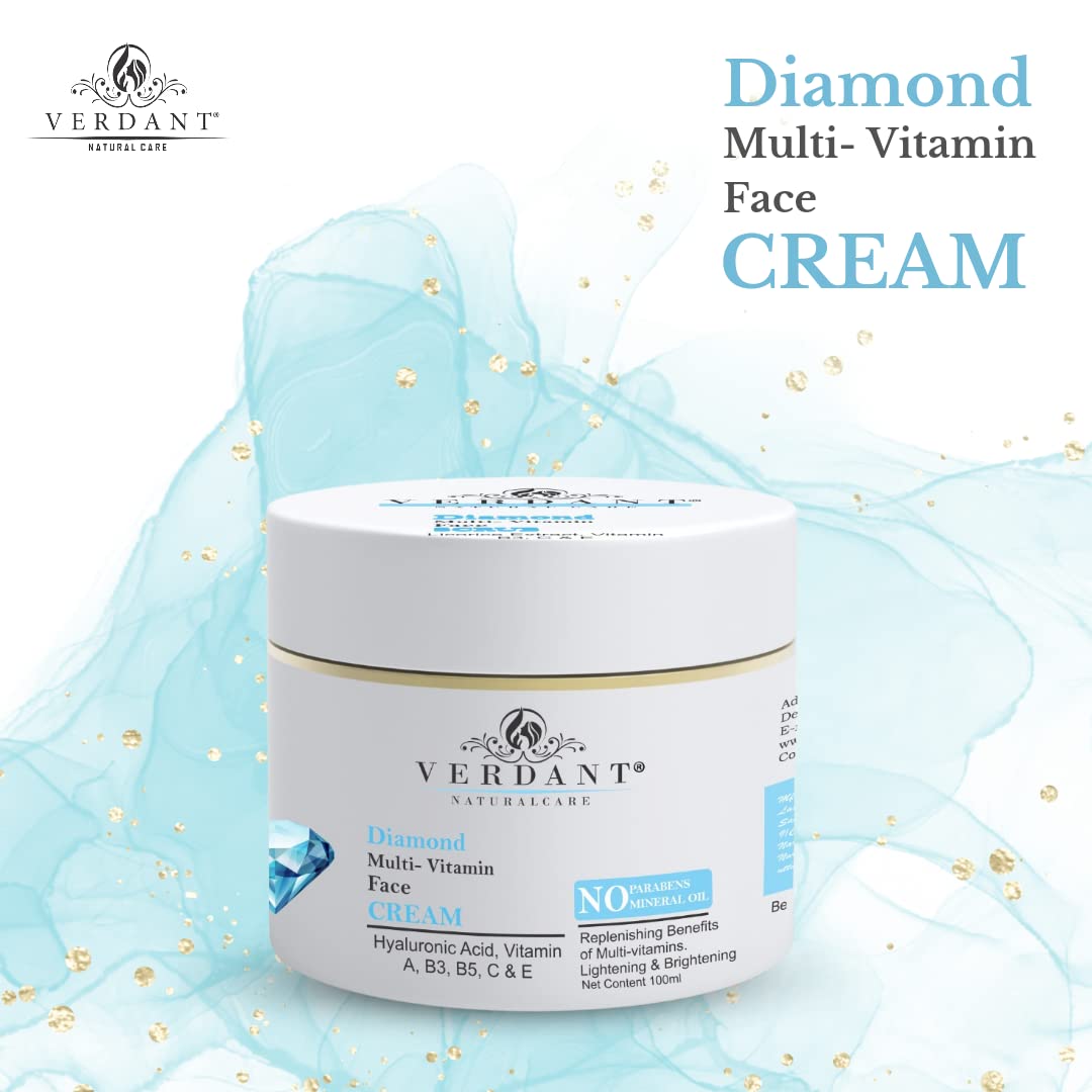 Verdant Diamond Face Cream with Hyaluronic Acid & Multi-Vitamin - Instant Glow & Deep Hydration Moisturizer - Brightening & Lightening Cream for All Skin Types - Paraben Free - 100ml - Perfect for Daily Skincare Routine & Nighttime Hydration