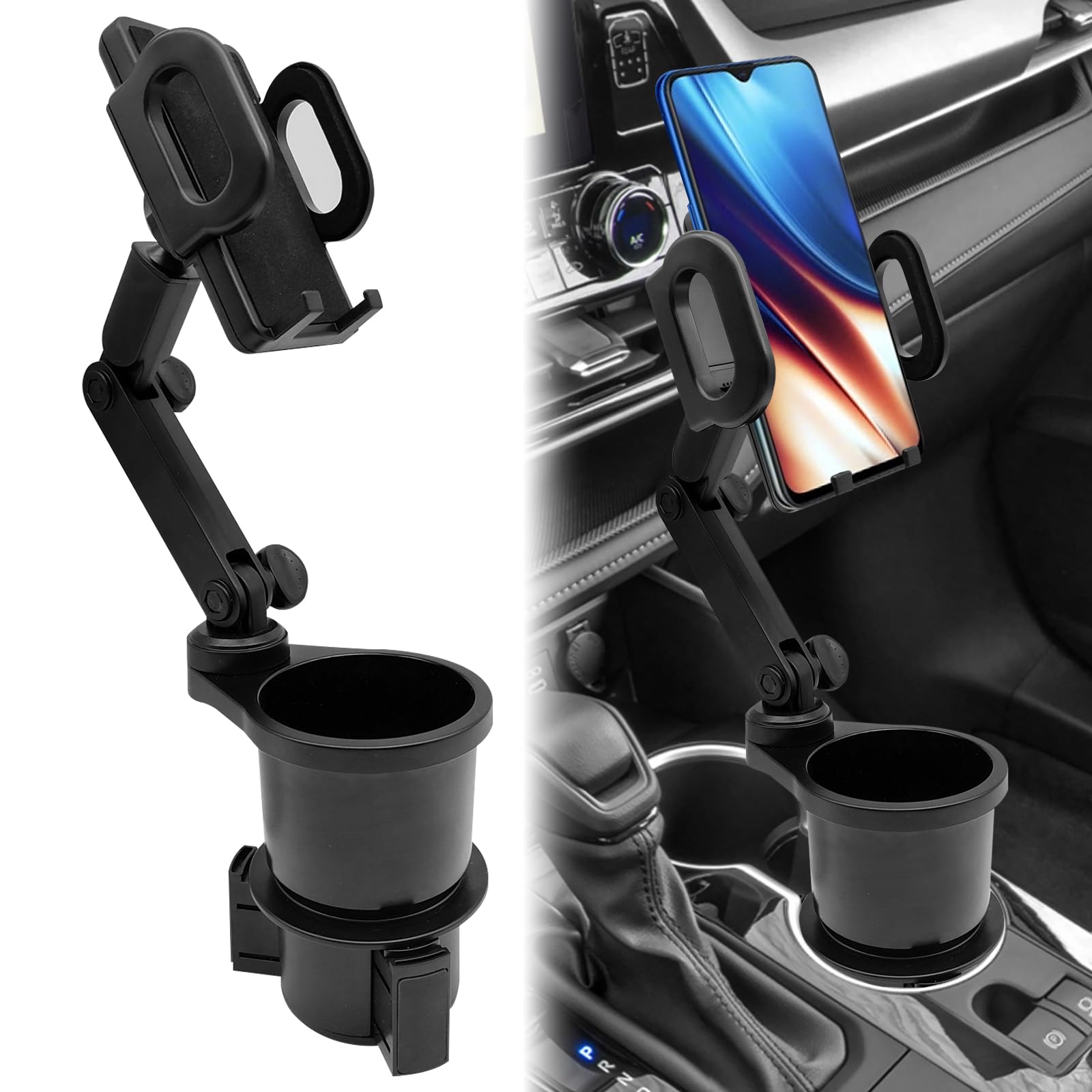 2-in-1 Car Cup Holder Expander with Phone Mount - Adjustable Base & 360° Rotation - Compatible with iPhone & All Smartphones - Perfect for Road Trips & Commuting