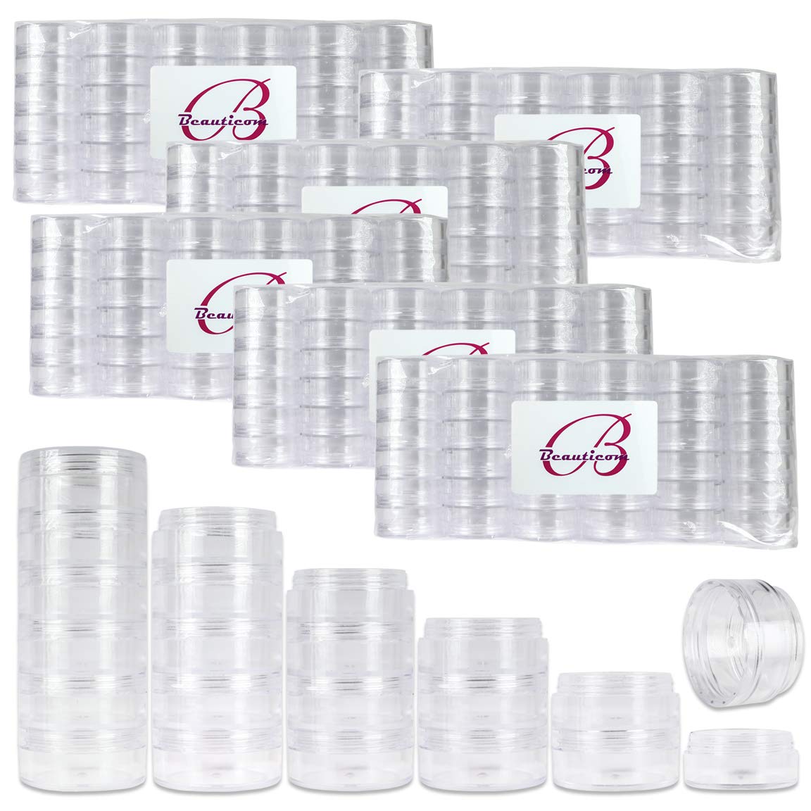 Beauticom® 36 Pack (216 Pieces) 10G/10ML Clear Round Stackable Reusable Plastic Jars for Organizing Art Supplies, Office Stationery, Workshop Tools, Makeup & Beauty Products - Perfect for Craft Rooms, Vanity Tables & DIY Storage Solutions
