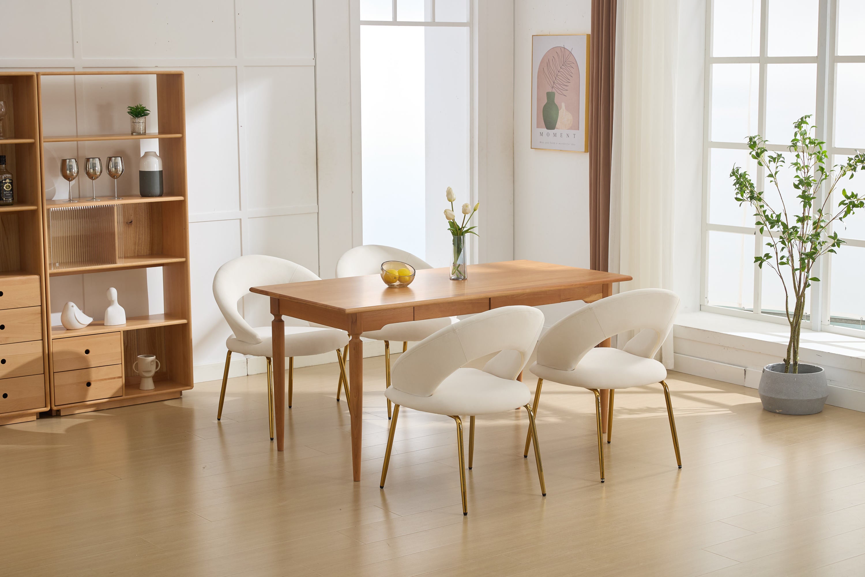 Velvet Dining Chairs Set of 1 - White Upholstered Kitchen Chairs with Curved Backrest & Gold Metal Legs for Dining Room, Restaurant or Home Decor