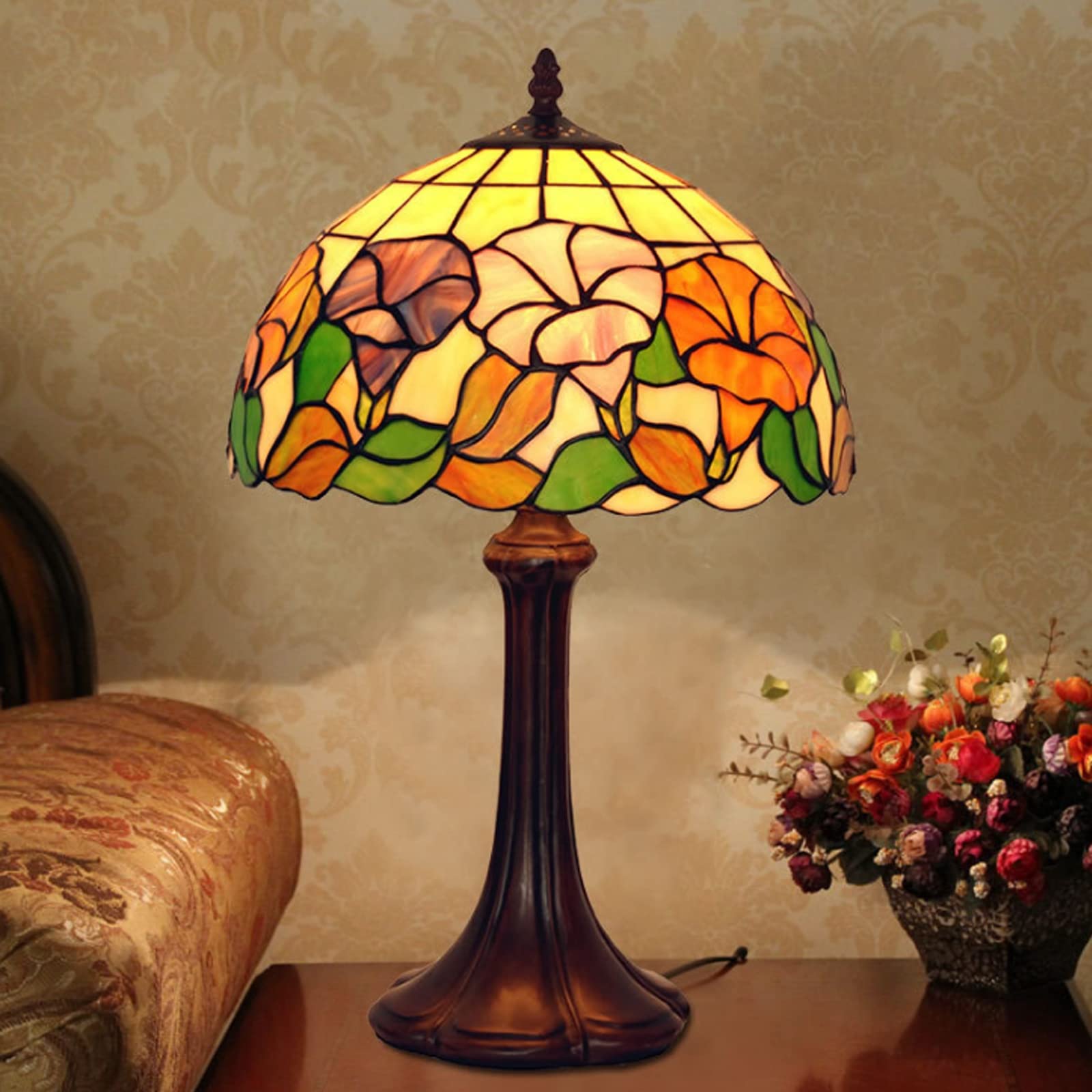 12 Inch Tiffany Stained Glass Table Lamp - Handmade Glass Lampshade with Metal Base - Elegant Night Light for Bedroom, Study & Living Room Decor - Perfect for Reading Nook, Office Desk & Cozy Home Ambiance