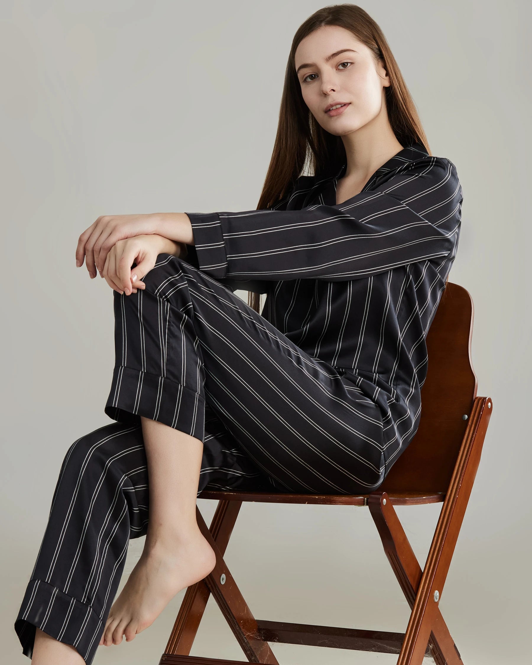 Classic Striped Silk Pajamas Set for Women - Soft & Comfortable Sleepwear - Perfect for Lounge, Sleep & Relaxation at Home