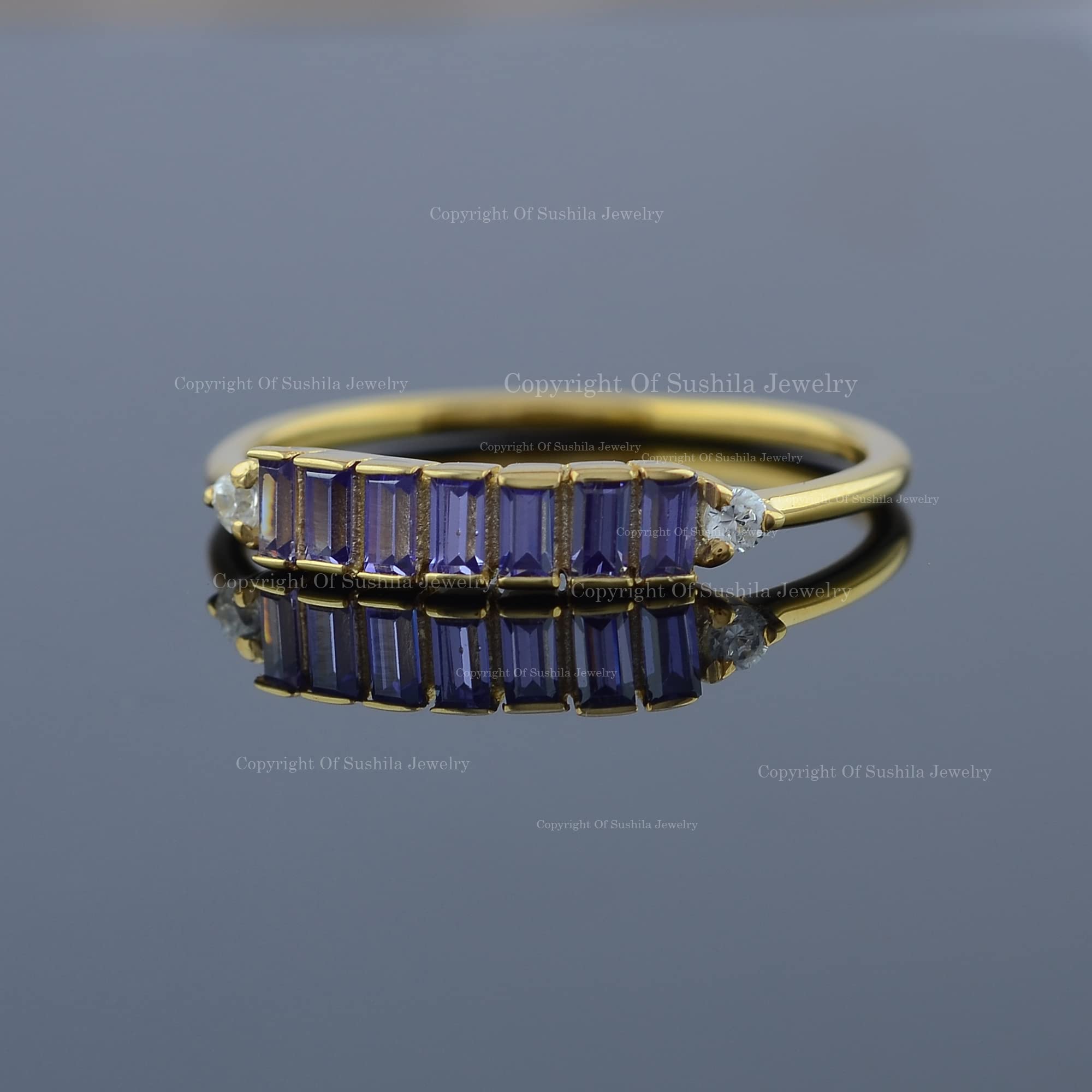 14K Gold Half Eternity Band Ring with Genuine Baguette Amethyst - February Birthstone Diamond Wedding Ring for Women | Elegant Gift for Anniversary, Valentine's Day & Special Occasions