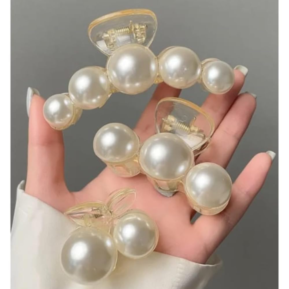 RSJ TRADERS - Korean 3-Piece Big Pearl Hair Claw Clips (7cm & 4.5cm) - Strong Hold Plastic Hair Jaw Clips for Women - Barrettes Accessories for Thick & Thin Hair - Perfect for Updos, Ponytails & Everyday Styling