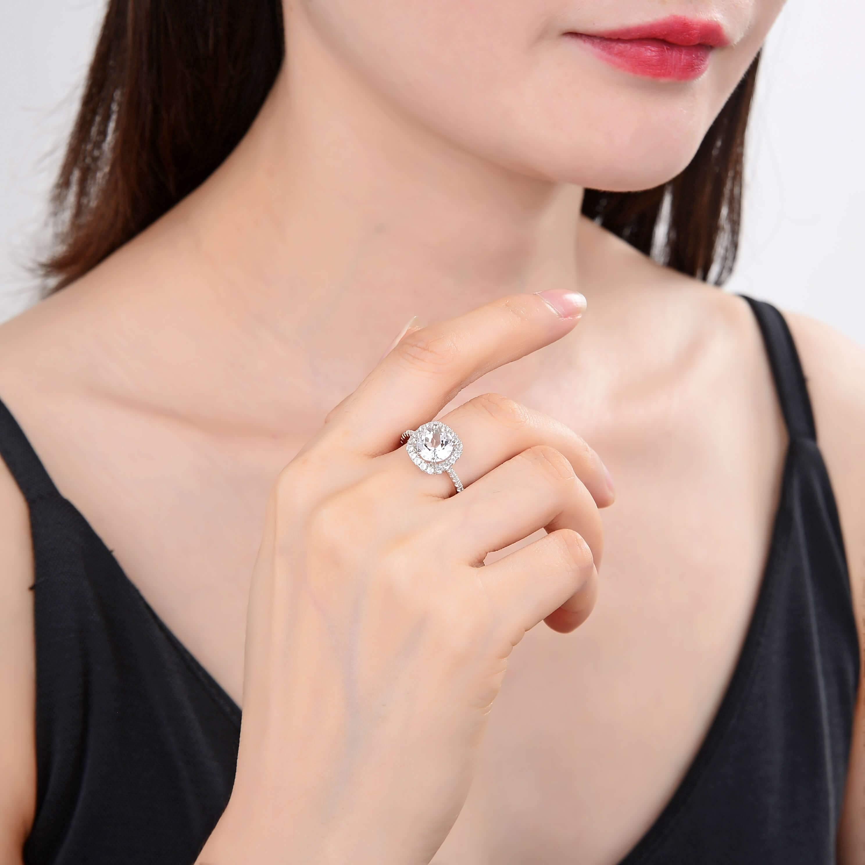 White Topaz Halo Engagement Ring for Women - 14K Gold Plated Wedding Band - Elegant Promise & Bridal Jewelry Gift - Perfect for Proposals, Anniversaries & Special Occasions