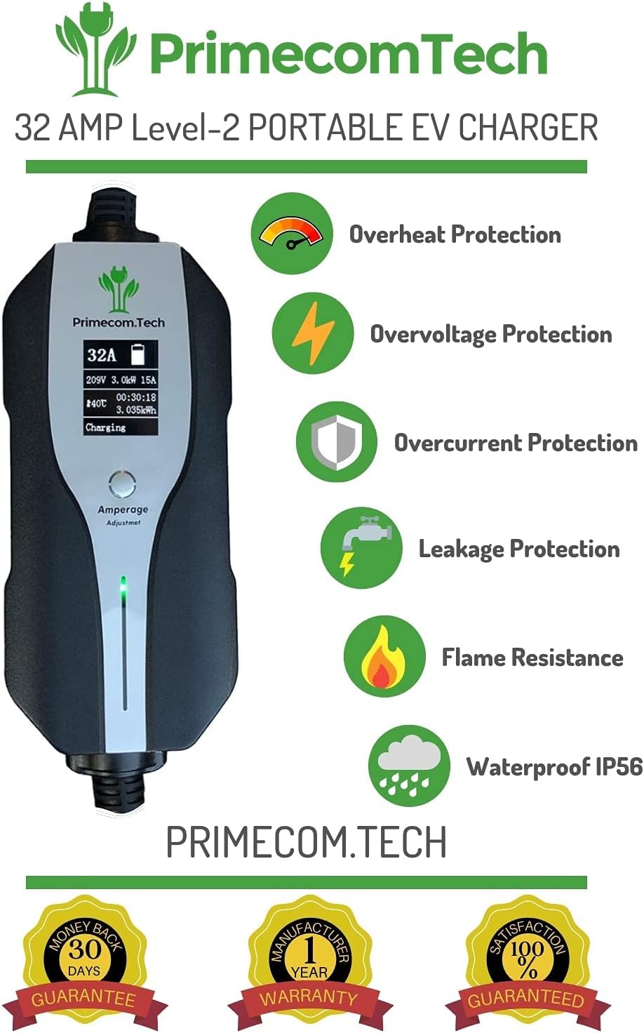 PRIMECOM.TECH 32A Level 2 EV Charger with Holster & Hanger - 240V 32 Amp NEMA 14-50 Plug for Home & Commercial Charging - Fast Charging for Tesla, Nissan Leaf, Chevy Bolt & More EVs